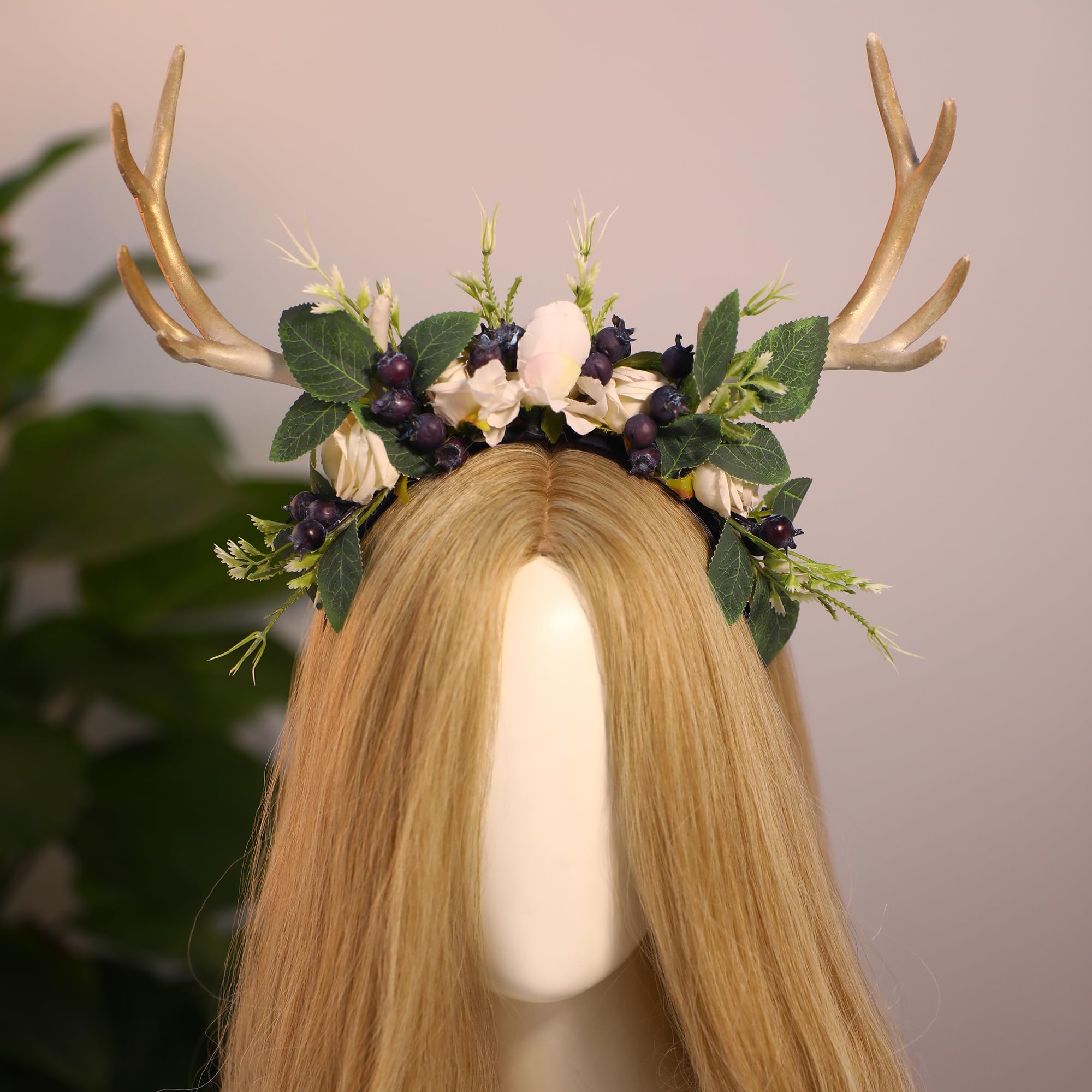 MOSTORY Handmade Deer Horns Headband – Flower Antler Hairband for Prom, Cosplay & Halloween