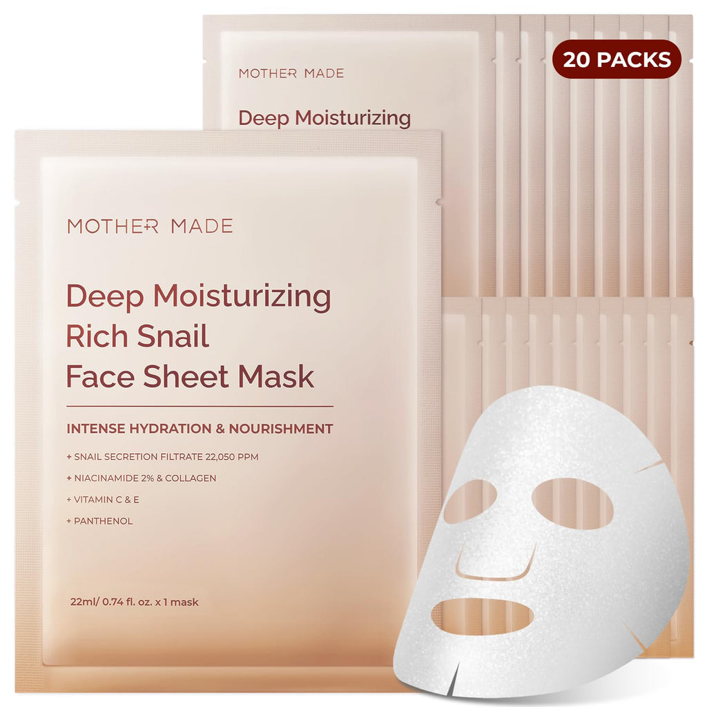 Mother Made Glowing Glass Skin Hydrating Snail Masks – 20 Pack with Niacinamide 2% & Vitamin E