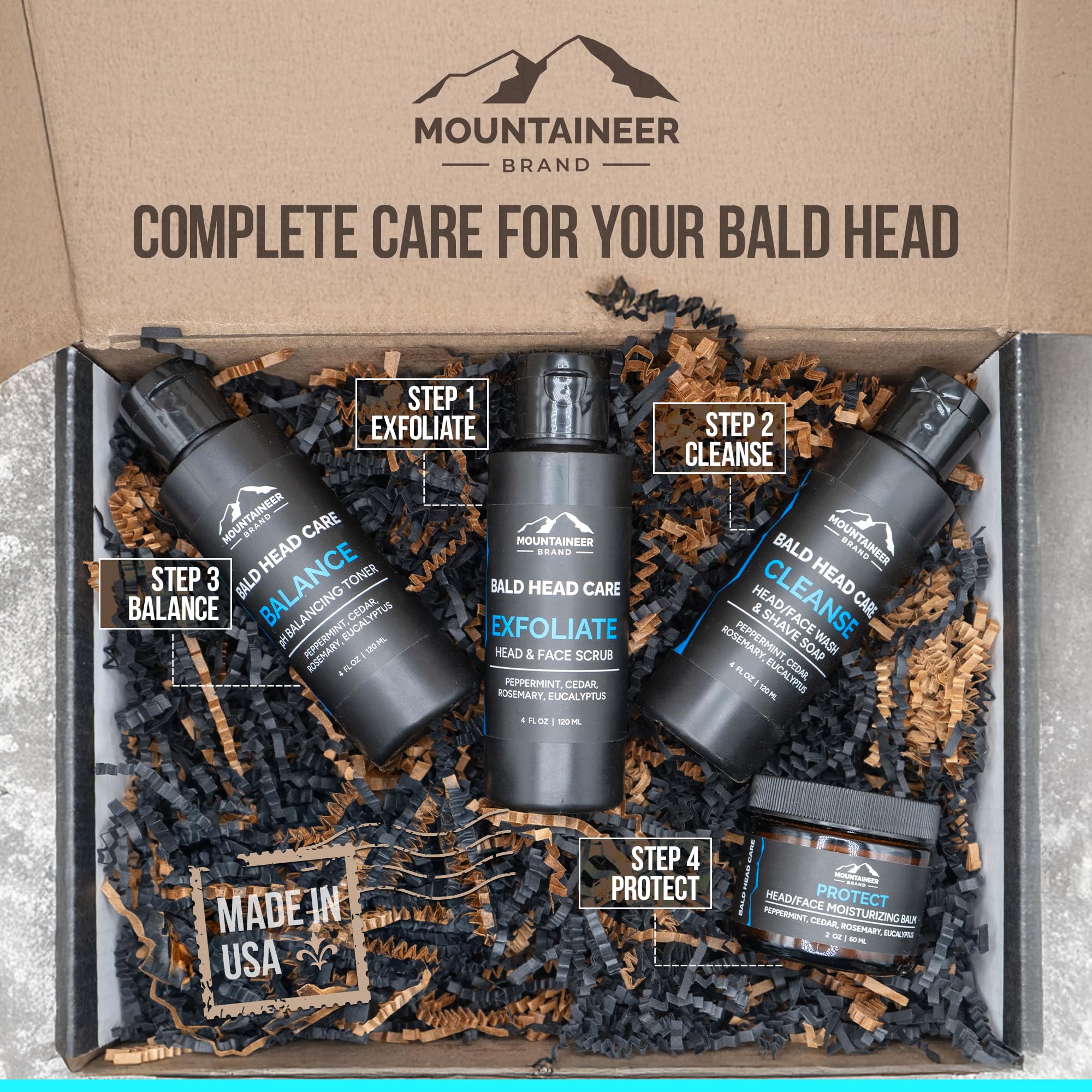 Mountaineer Brand Bald Head Care | All-Natural 4 Step Daily Skincare for Scalp & Face