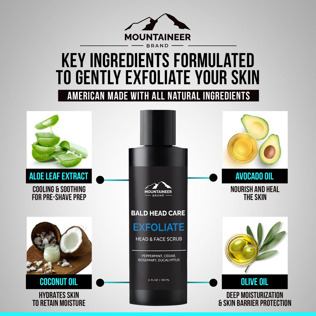 Mountaineer Brand Natural Bald Head Exfoliator – Fresh Scent, Scalp & Face Scrub (4oz) – Made in WV