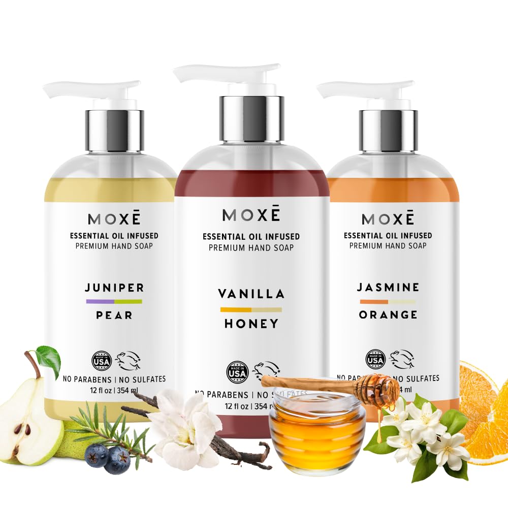 MOXE Natural Hand Wash 3-Pack – Jasmine Orange, Vanilla Honey & Juniper Pear | Plant-Based, Vegan, Sulfate-Free, 12 oz bottles
