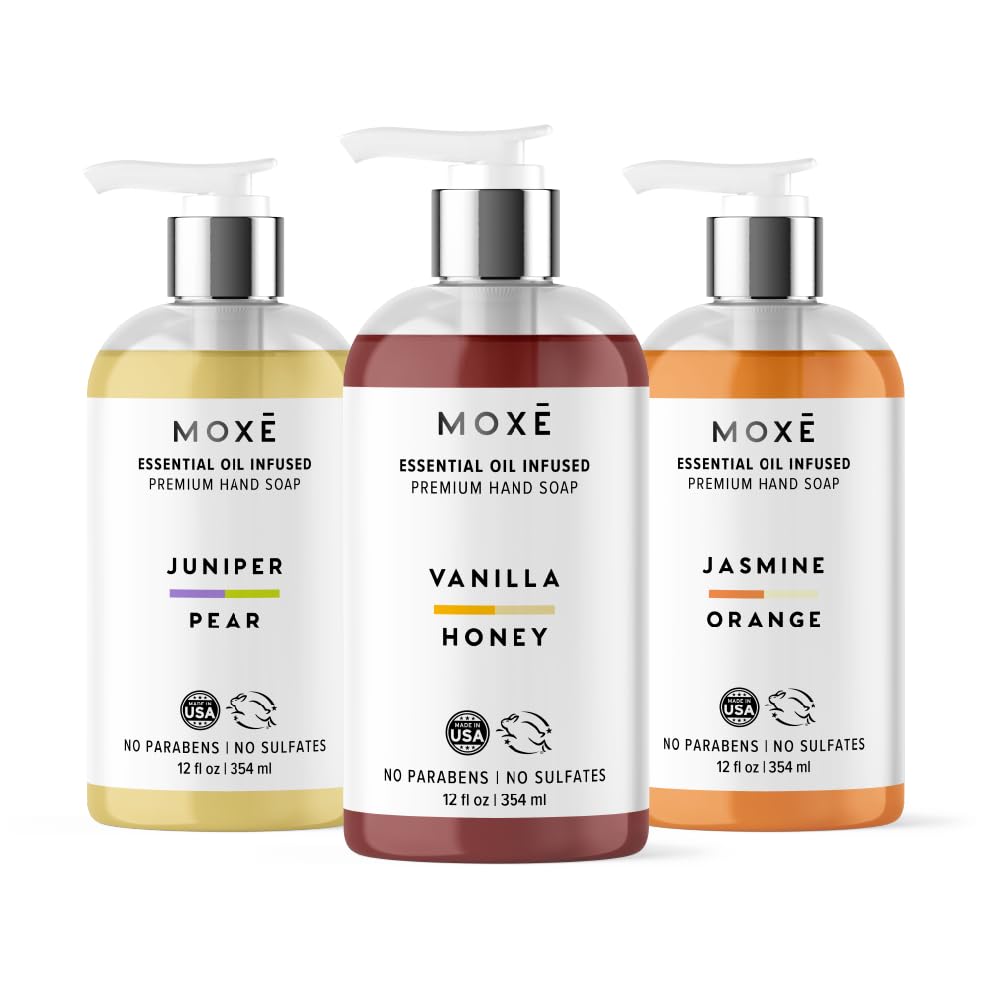 MOXE Natural Hand Wash 3-Pack – Jasmine Orange, Vanilla Honey & Juniper Pear | Plant-Based, Vegan, Sulfate-Free, 12 oz bottles