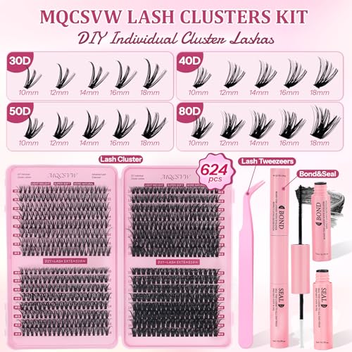 MQCsvw Lash Clusters Kit – 624 Pcs DIY Eyelash Extensions (10–18mm, 30D/40D/50D/80D)