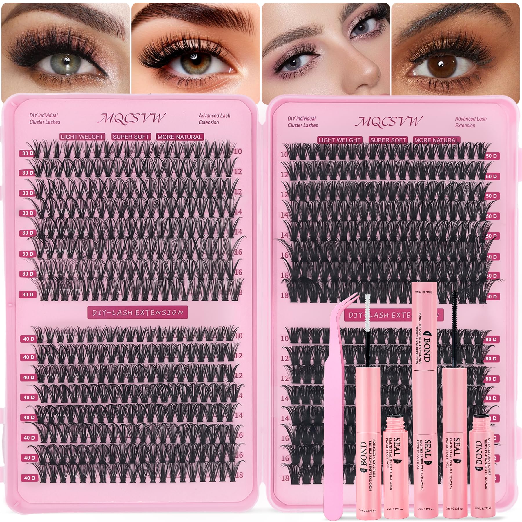 MQCsvw Lash Clusters Kit – 624 Pcs DIY Eyelash Extensions (10–18mm, 30D/40D/50D/80D)