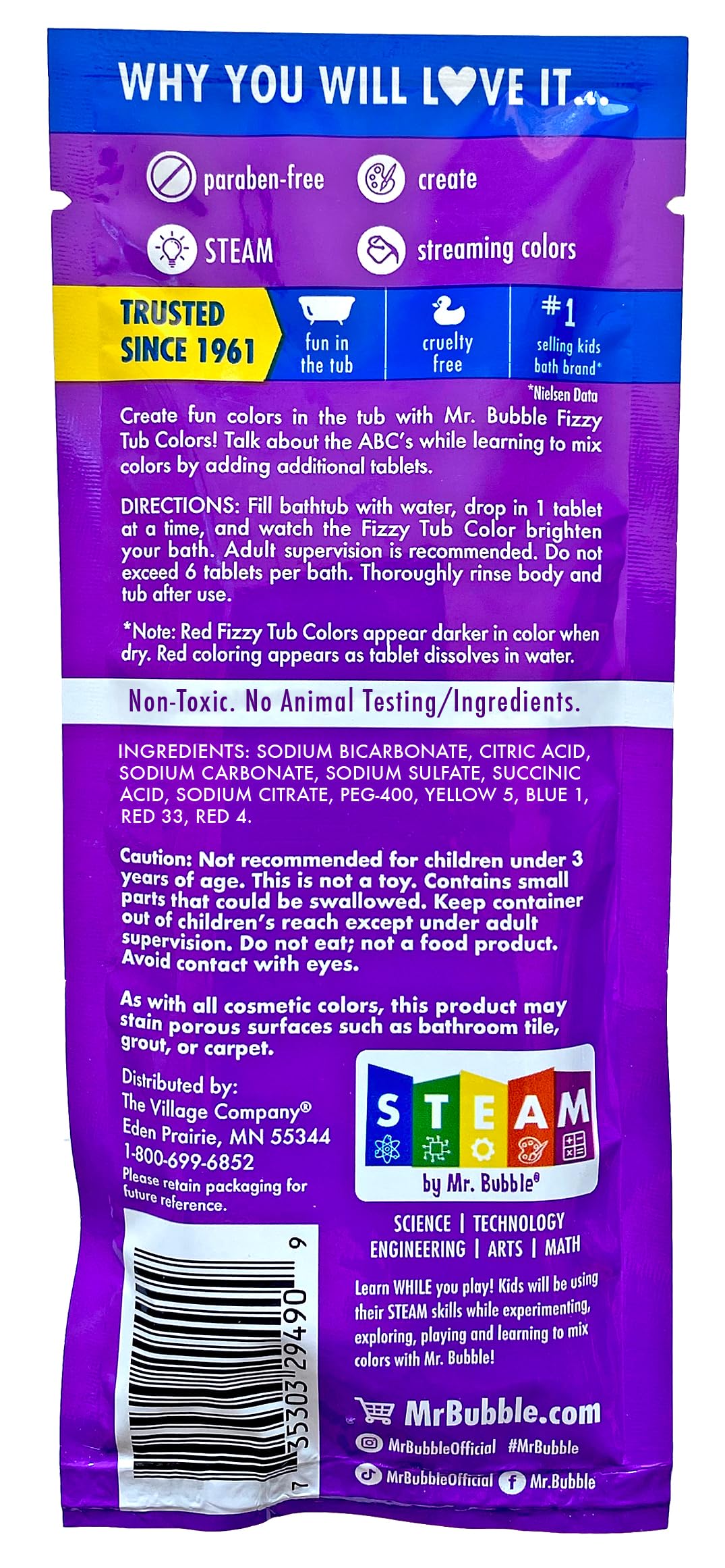 Mr. Bubble Fizzy Tub Colors Bath Tablets – 6 Bright Colors, Fragrance Free (12 Packets, 9 Tablets Each)