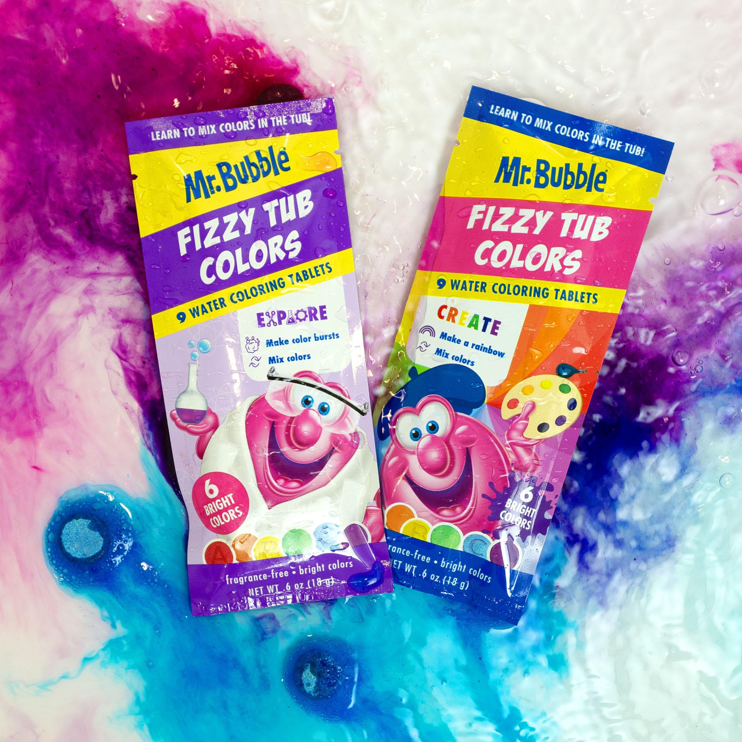 Mr. Bubble Fizzy Tub Colors Bath Tablets – 6 Bright Colors, Fragrance Free (12 Packets, 9 Tablets Each)