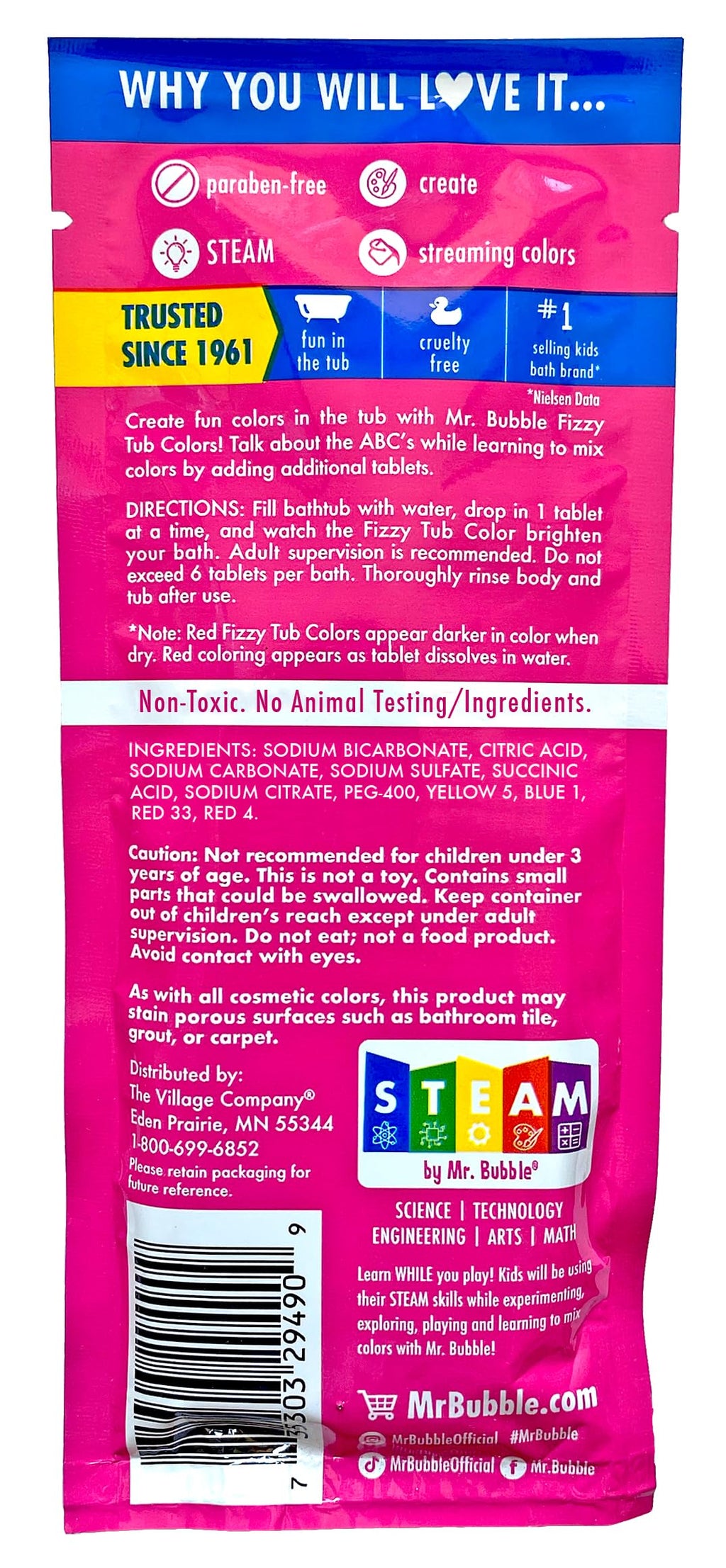 Mr. Bubble Fizzy Tub Colors Bath Tablets – 6 Bright Colors, Fragrance Free (12 Packets, 9 Tablets Each)