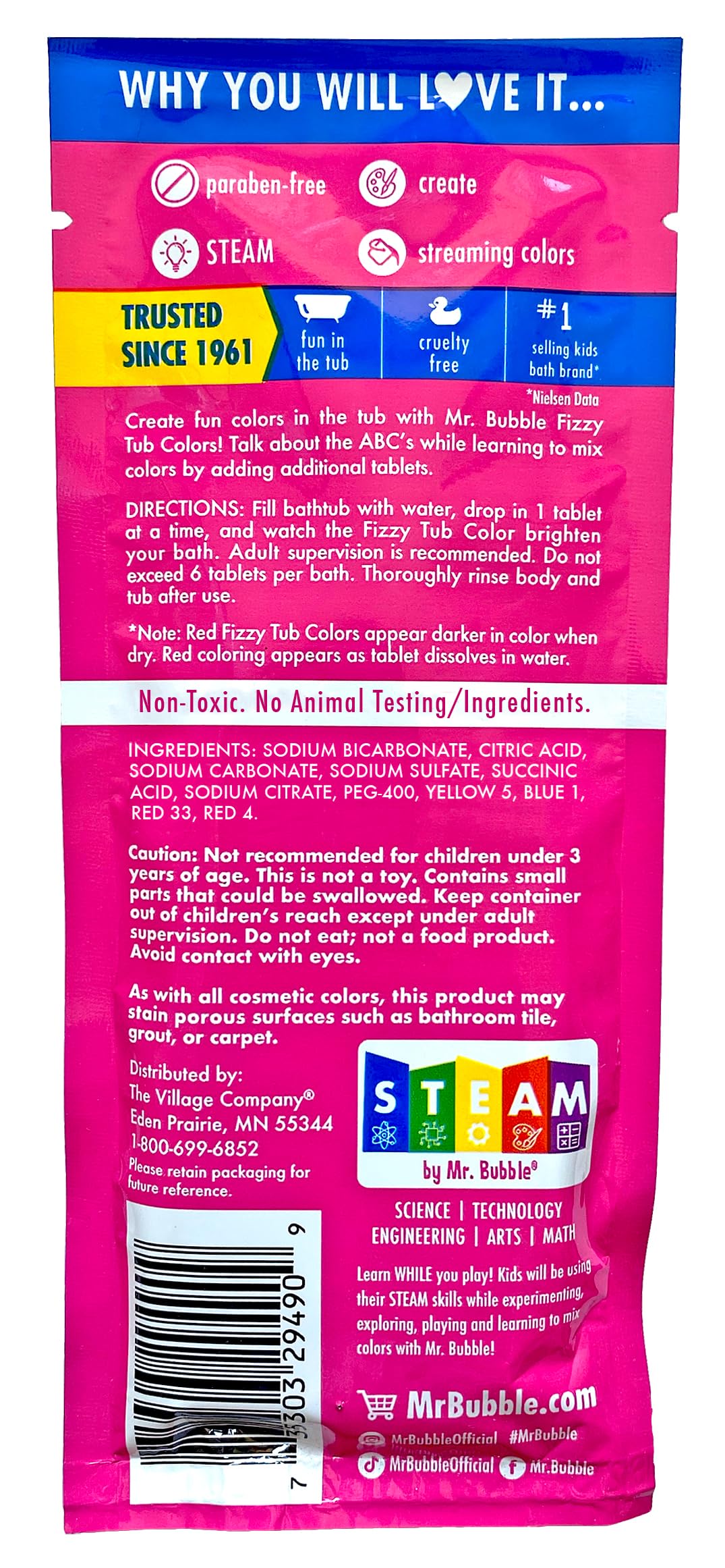 Mr. Bubble Fizzy Tub Colors Bath Tablets – 6 Bright Colors, Fragrance Free (12 Packets, 9 Tablets Each)
