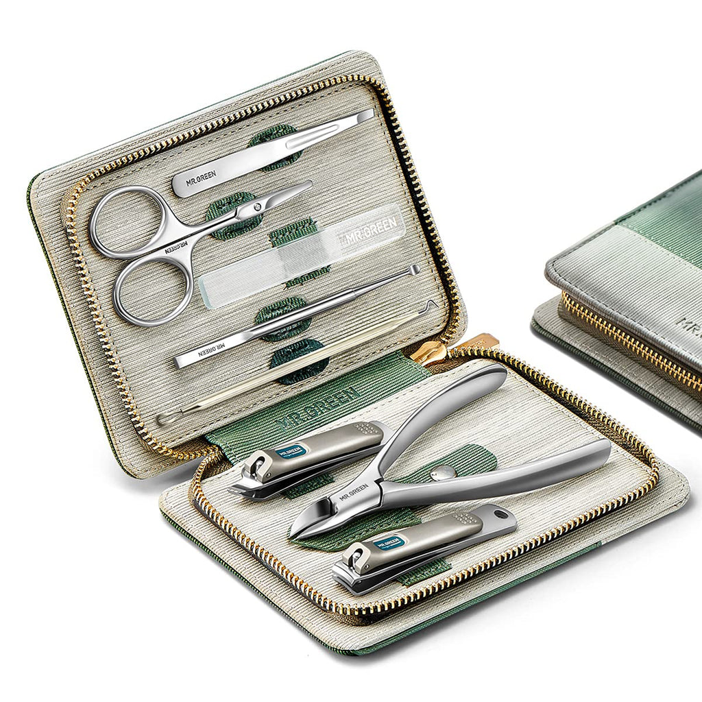 MR.GREEN 8-in-1 Manicure Set — Stainless Steel Tools in PU Leather Case (Green)