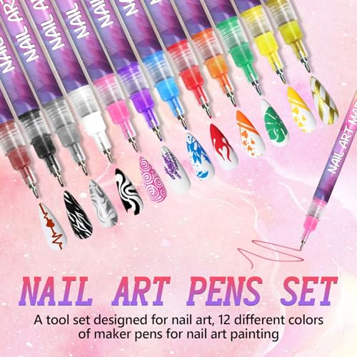 Mrryiio 12 Colors Nail Art Pens Set – 0.5mm Nail Polish Markers for Gel Nails