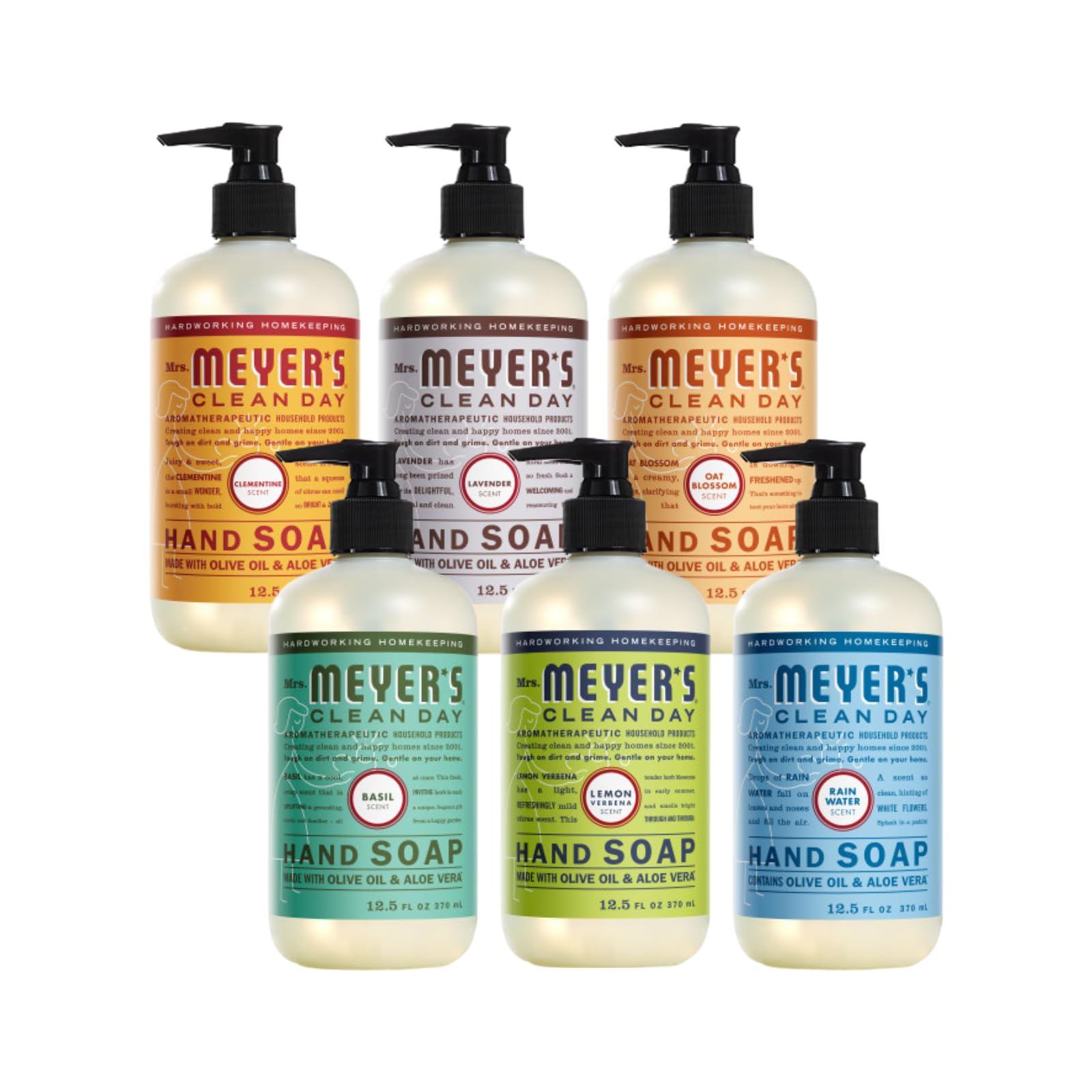 Mrs. Meyer's Clean Day Liquid Hand Soap 6-Pack Variety Pack – Clementine, Basil, Lavender, Rain Water, Oat Blossom, Lemon Verbena, 12.5 oz Each
