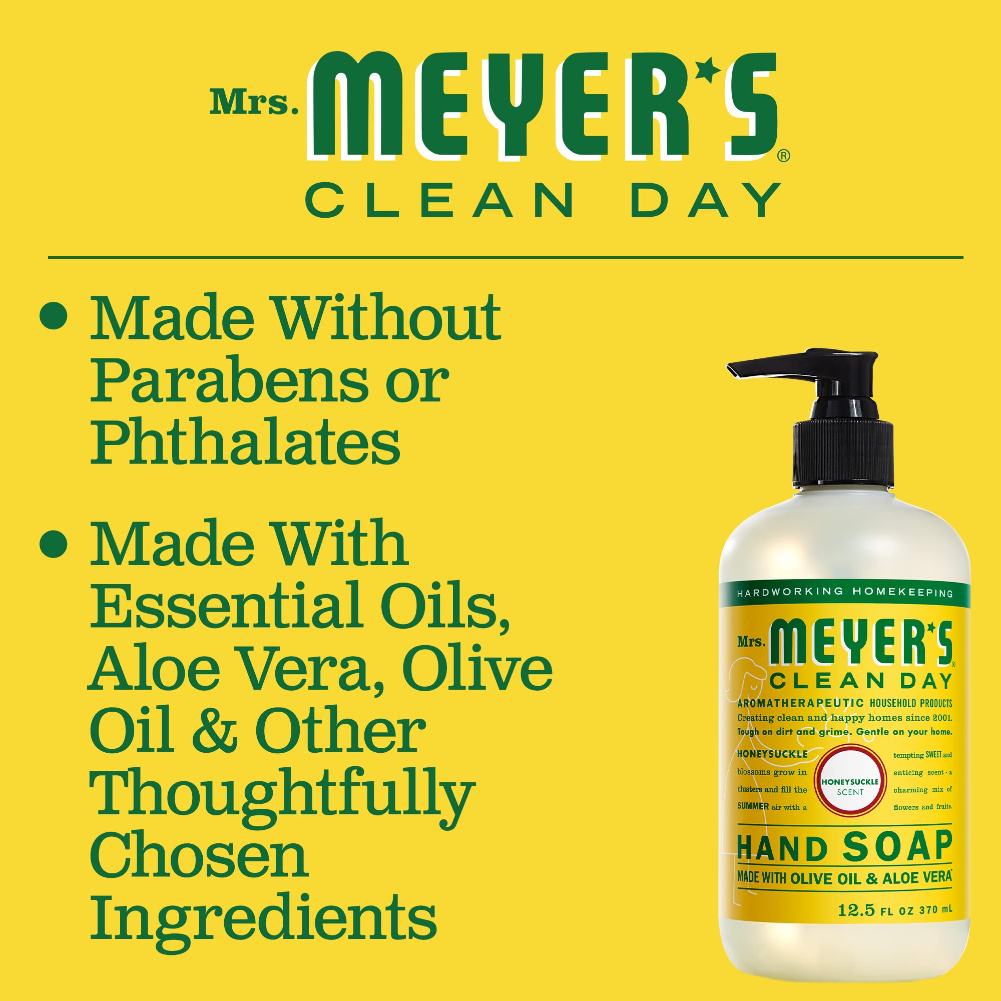 Mrs. Meyer's Clean Day Hand Soap with Essential Oils – Honeysuckle, Biodegradable, 12.5 oz (Pack of 3)