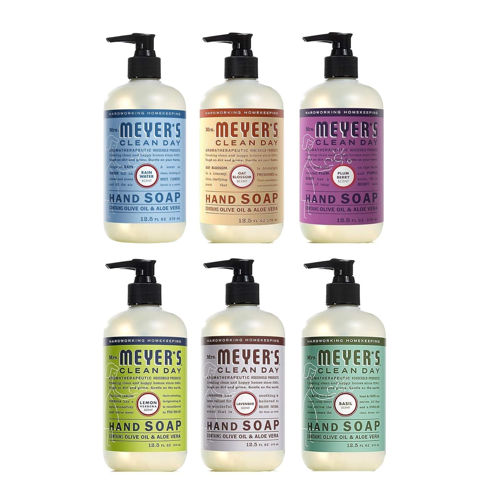Mrs. Meyer's Clean Day Liquid Hand Soap 6 Scent Variety Pack – 12.5 oz Each, Lavender, Rainwater, Oat Blossom, Plumberry, Lemon Verbena, Basil