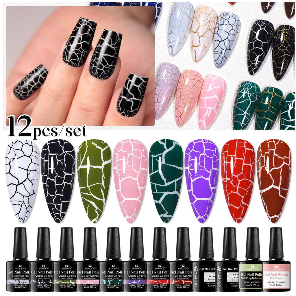 MSRUIOO Crackle Gel Nail Polish 12-Piece Set – 8 Crackle Colors + Base, Top, Dehydrator & Primer (Air-Dry)