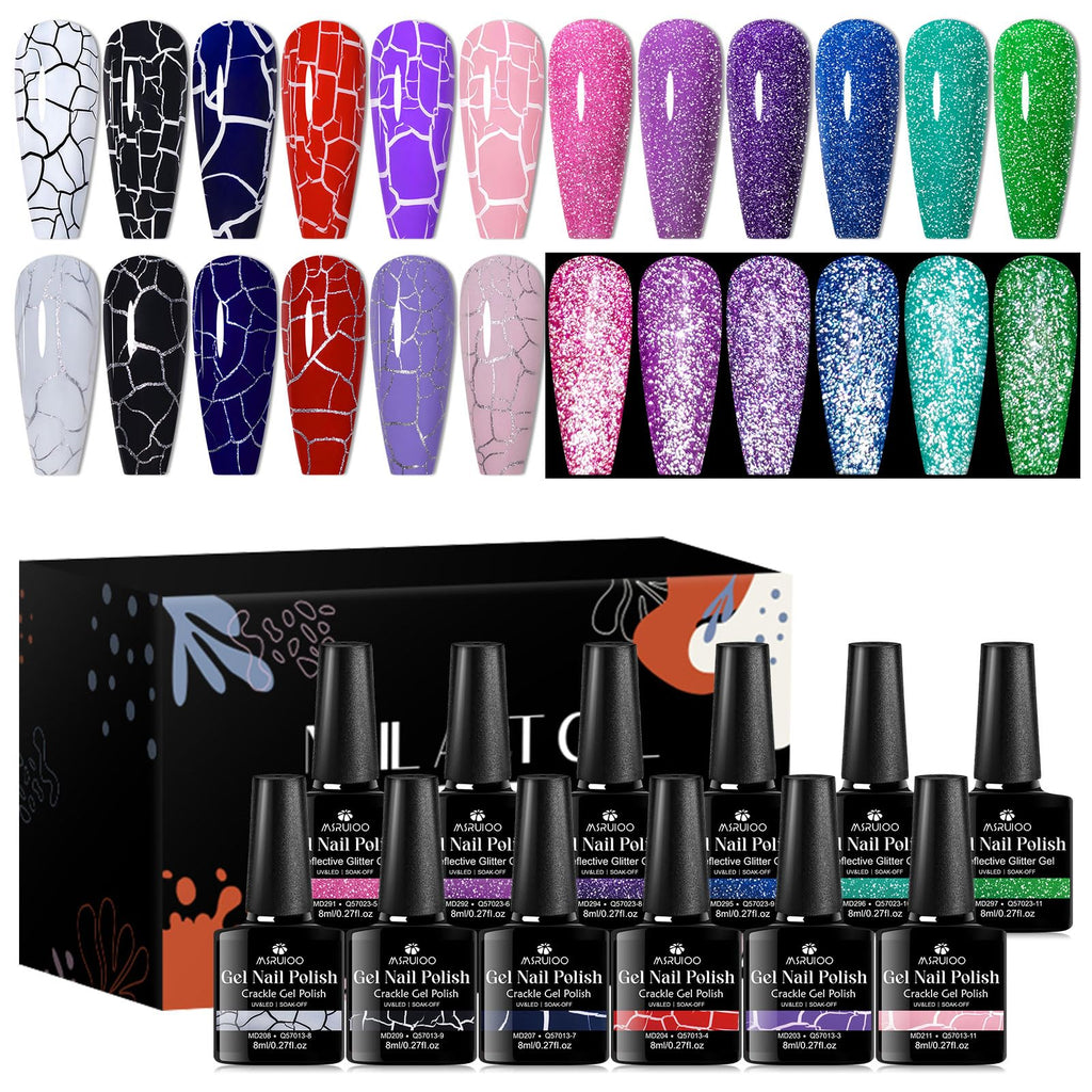 MSRUIOO 12 Colors Crackle & Glitter Gel Nail Polish Set – 8ml