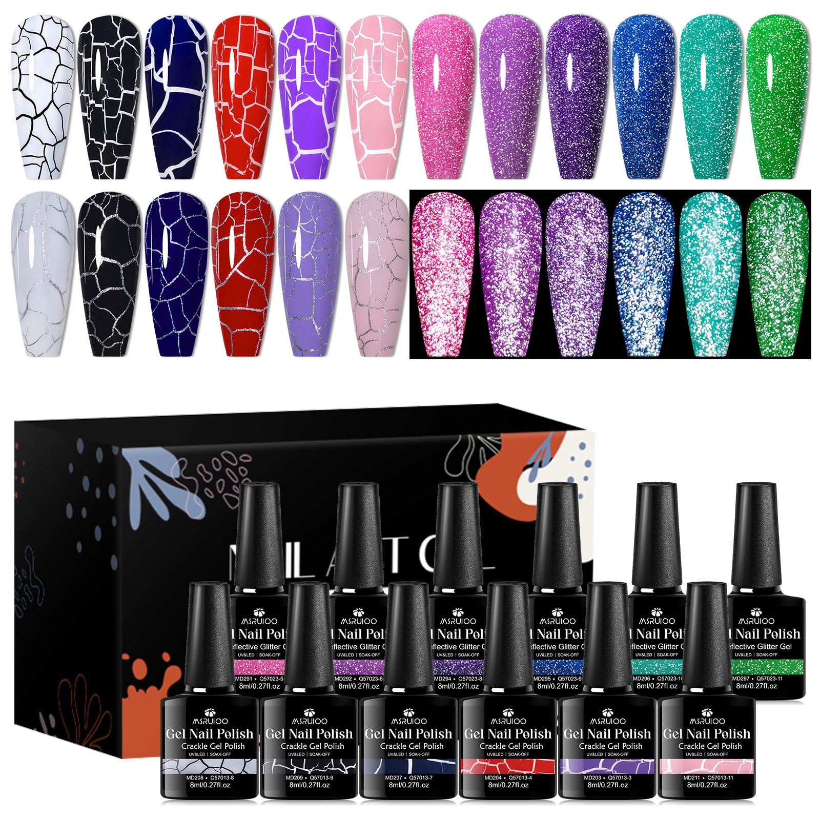 MSRUIOO 12 Colors Crackle & Glitter Gel Nail Polish Set – 8ml