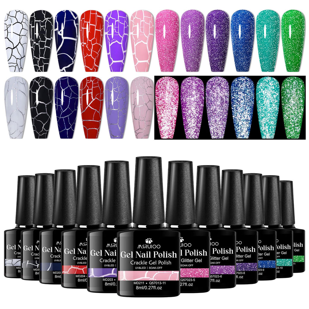 MSRUIOO 12 Colors Crackle & Glitter Gel Nail Polish Set – 8ml