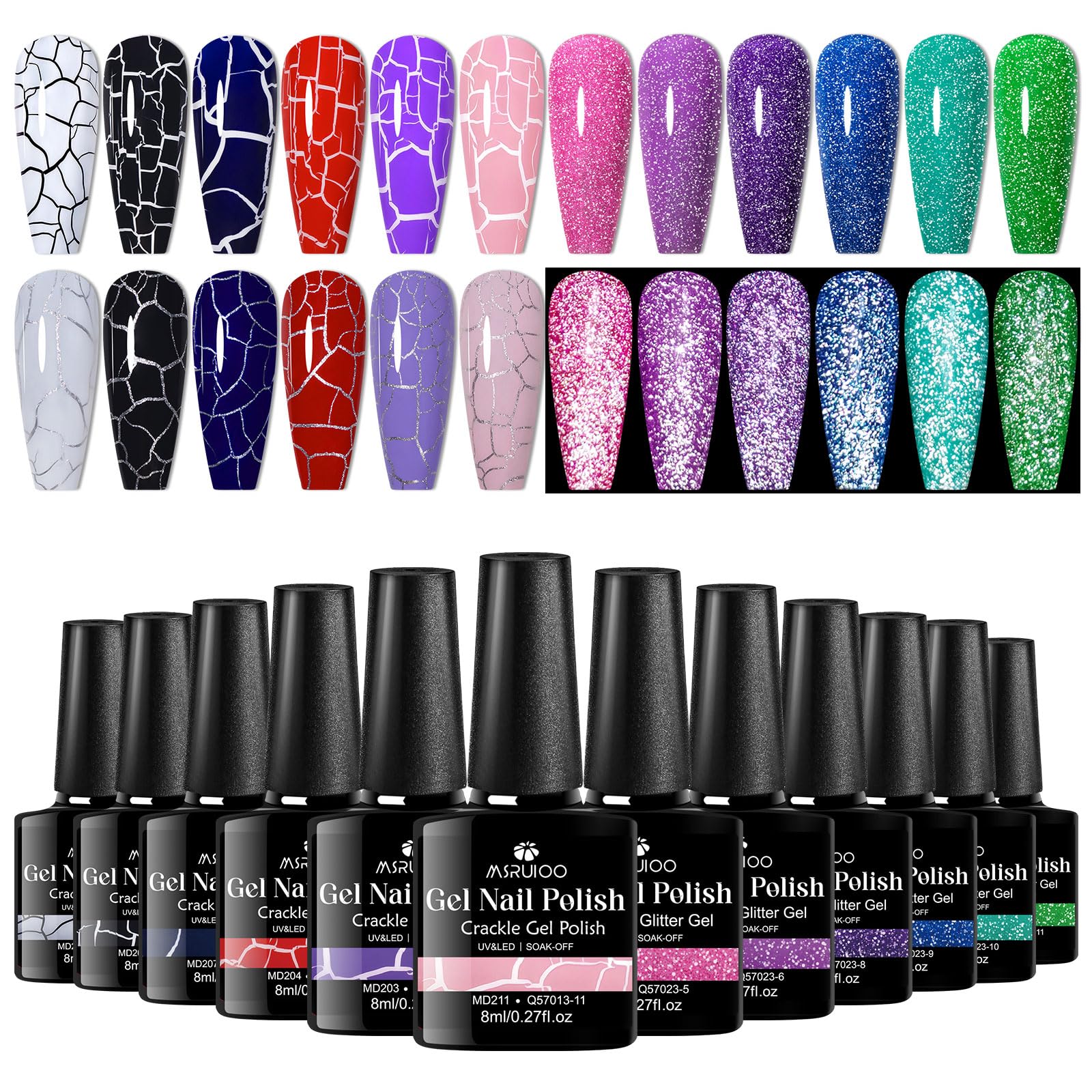 MSRUIOO 12 Colors Crackle & Glitter Gel Nail Polish Set – 8ml