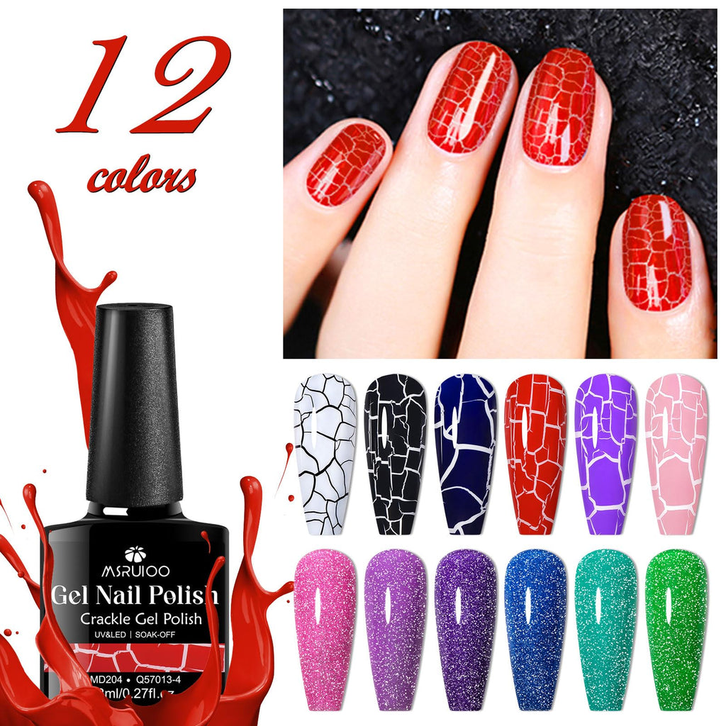 MSRUIOO 12 Colors Crackle & Glitter Gel Nail Polish Set – 8ml