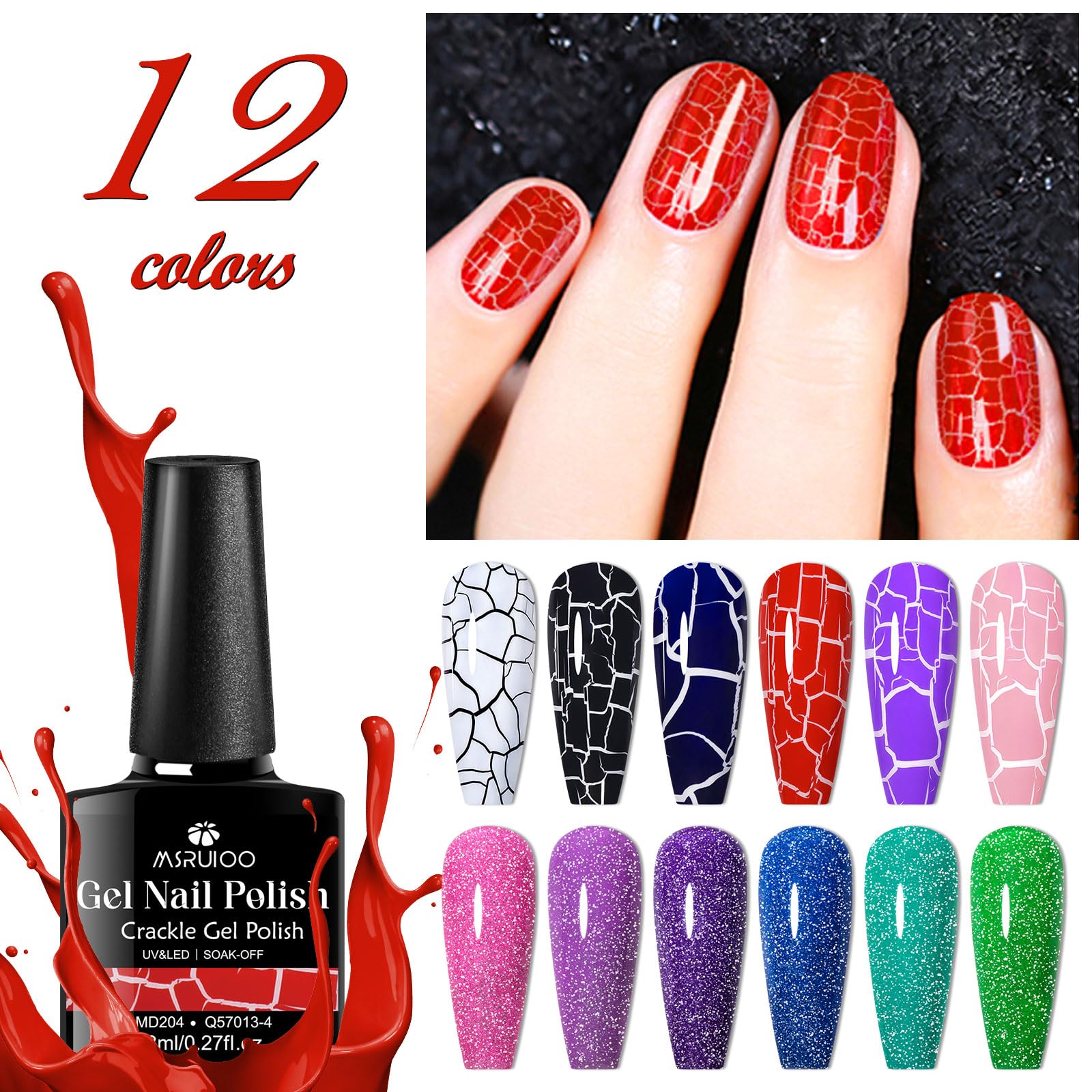 MSRUIOO 12 Colors Crackle & Glitter Gel Nail Polish Set – 8ml