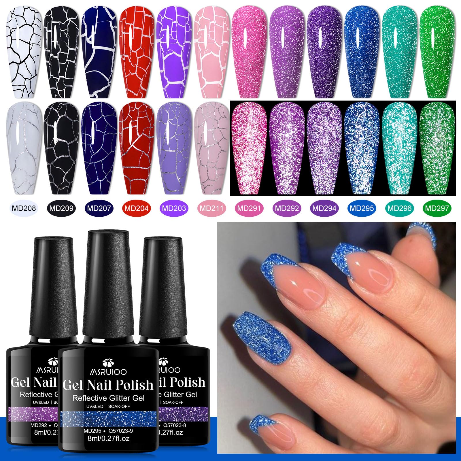 MSRUIOO 12 Colors Crackle & Glitter Gel Nail Polish Set – 8ml