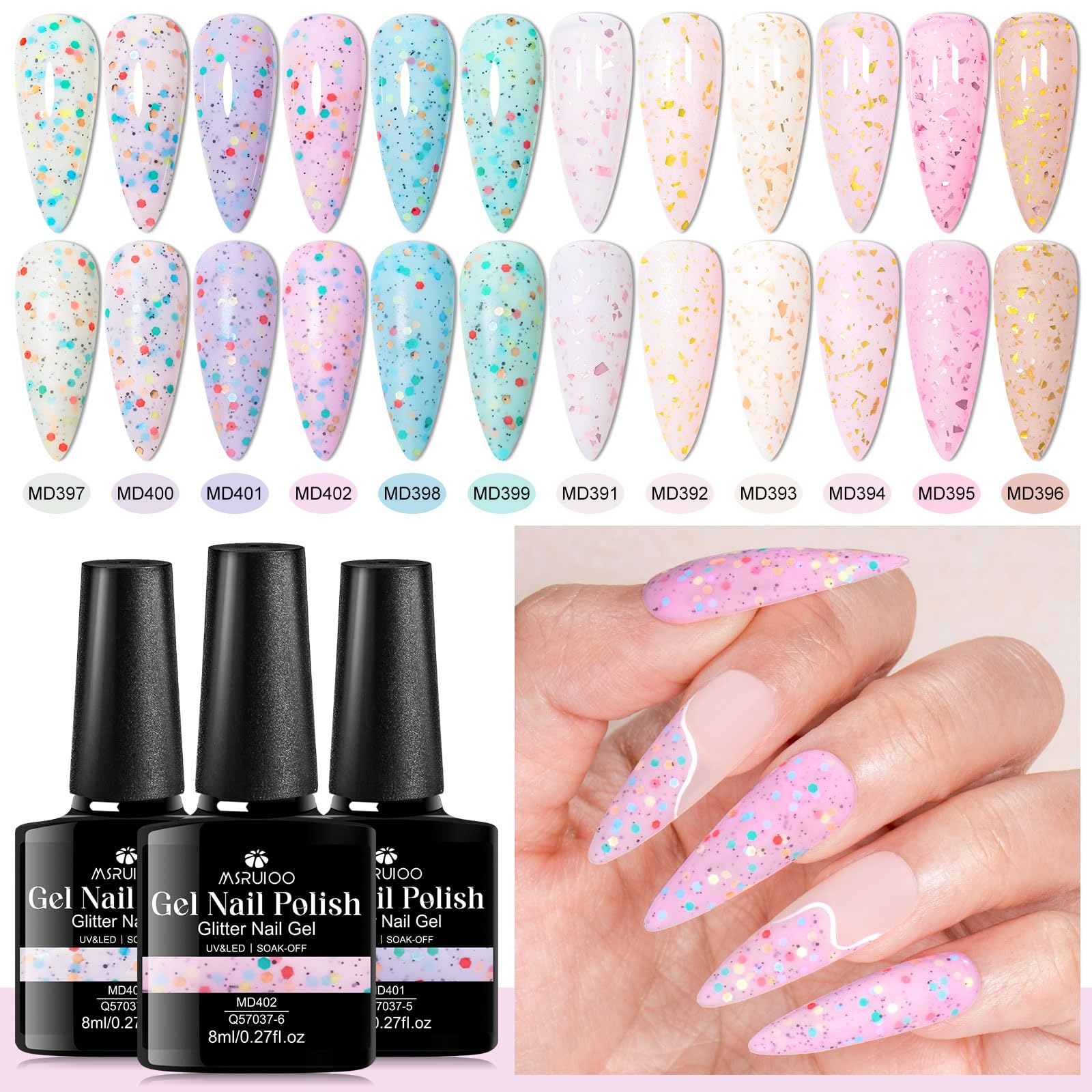 MSRUIOO Yogurt Gel Nail Polish + Rubber Builder Gel – 12 Color Glitter Rubber Base Set