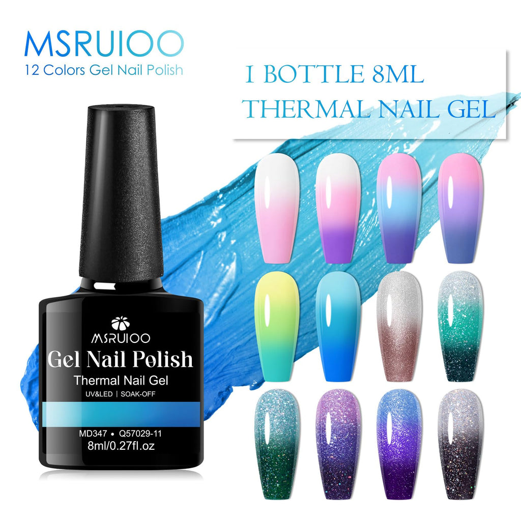 MSRUIOO Color Changing Gel Nail Polish Set – 12 Mood Colors, Glitter UV/LED, Soak Off 8ml