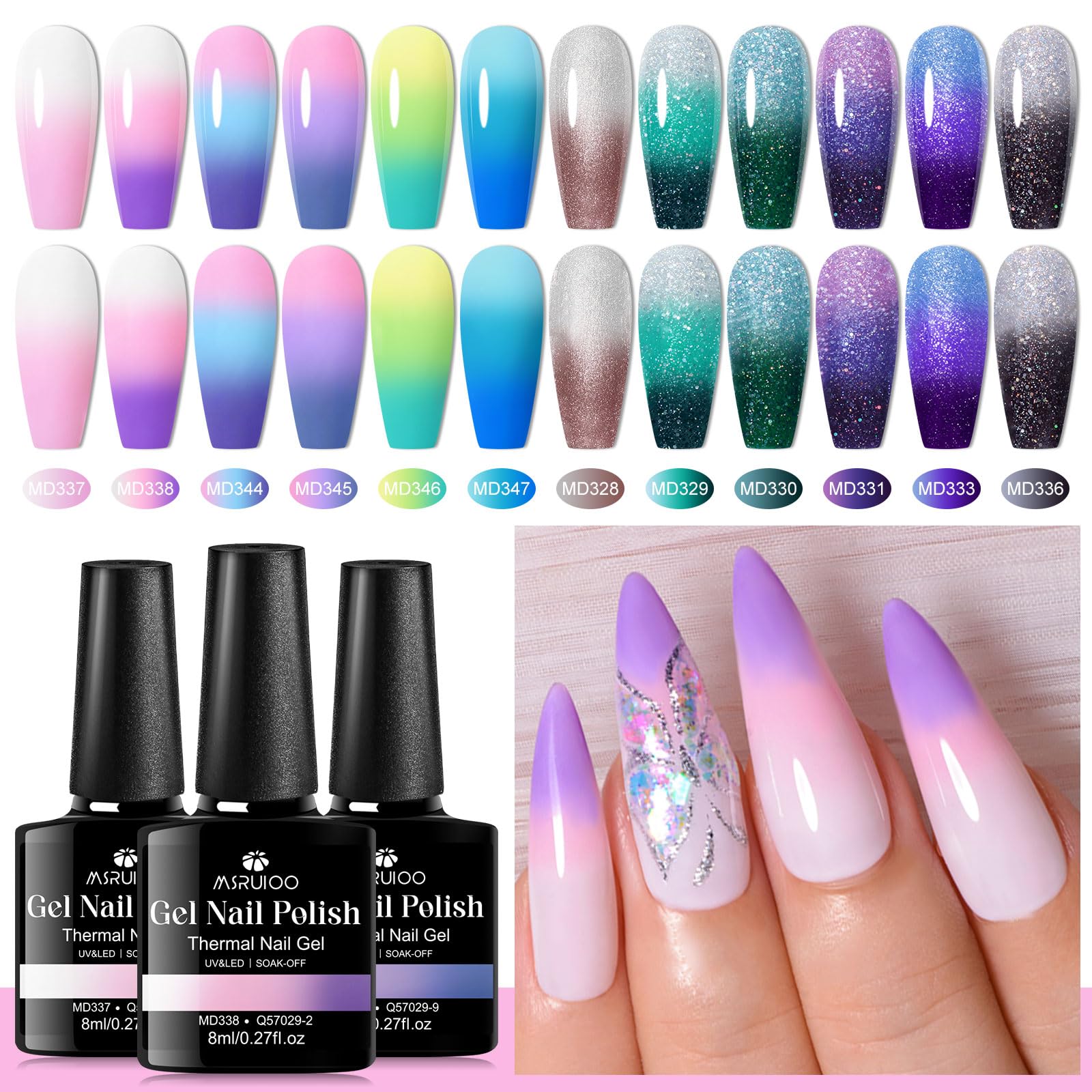 MSRUIOO Color Changing Gel Nail Polish Set – 12 Mood Colors, Glitter UV/LED, Soak Off 8ml
