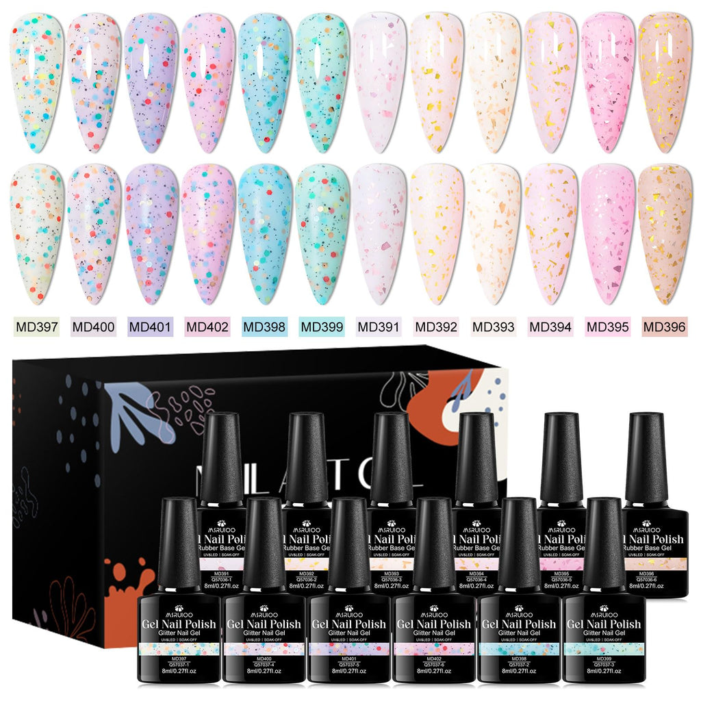 MSRUIOO Yogurt Gel Nail Polish + Rubber Builder Gel – 12 Color Glitter Rubber Base Set