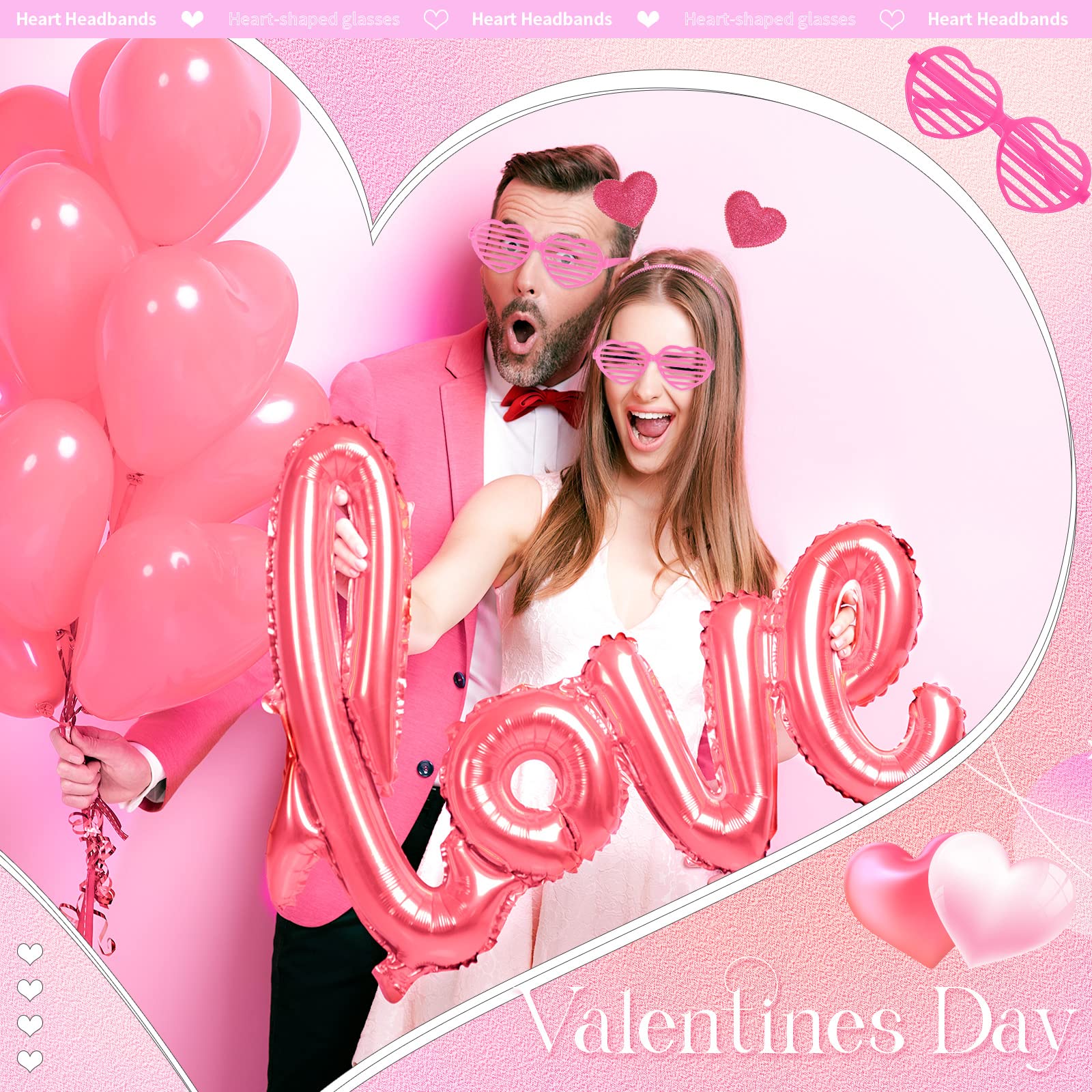 MTLEE 24 Pcs Valentines Heart Headbands & Sunglasses Set – Hollow Rose Red