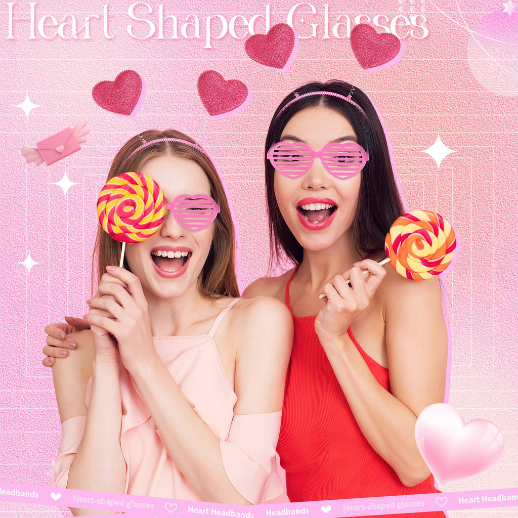 MTLEE 24 Pcs Valentines Heart Headbands & Sunglasses Set – Hollow Rose Red