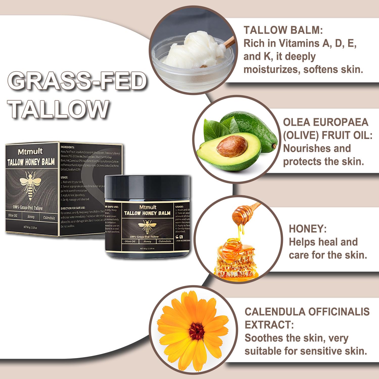 Mtmult Beef Tallow Balm – Hydrating Face & Body with Grass-Fed Tallow, Raw Honey & Beeswax