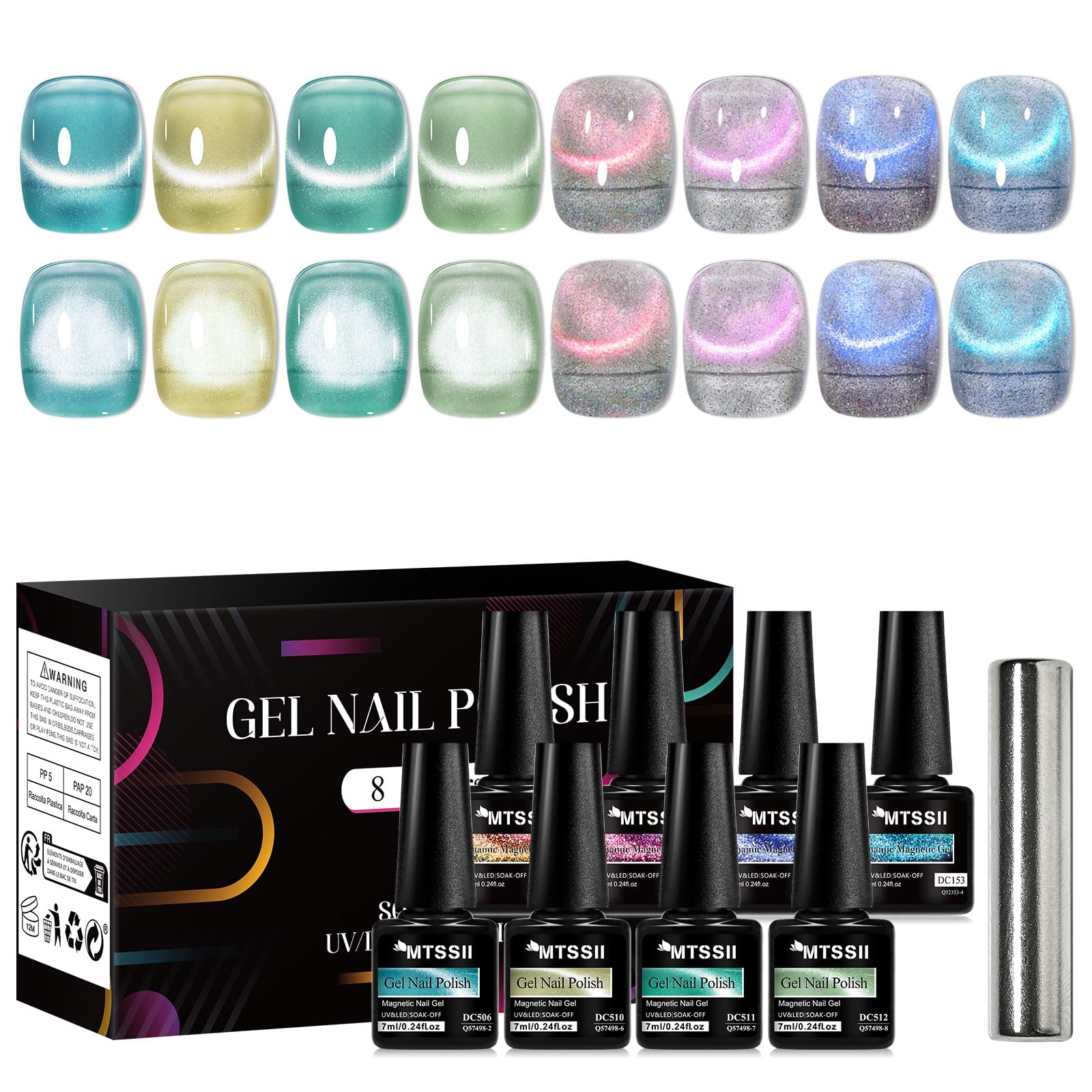 MTSSII 8 Colors Cat Eye Gel Nail Polish Set (SET3) – 8PCS, Soak Off UV/LED, Gift Box