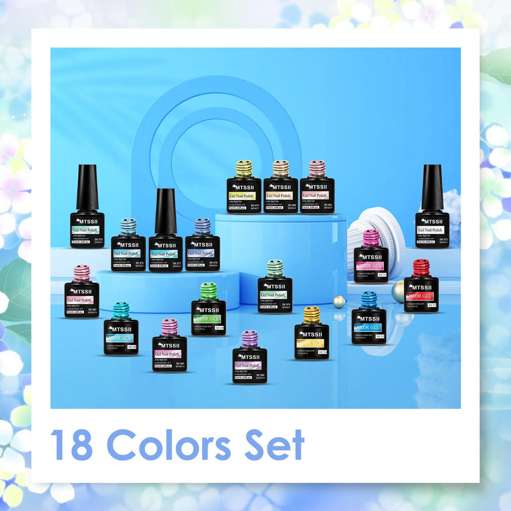 MTSSII 18-Piece Jelly Gel Nail Polish Kit | Translucent Nude, Pink, Purple & Blue Colors – UV LED Soak Off