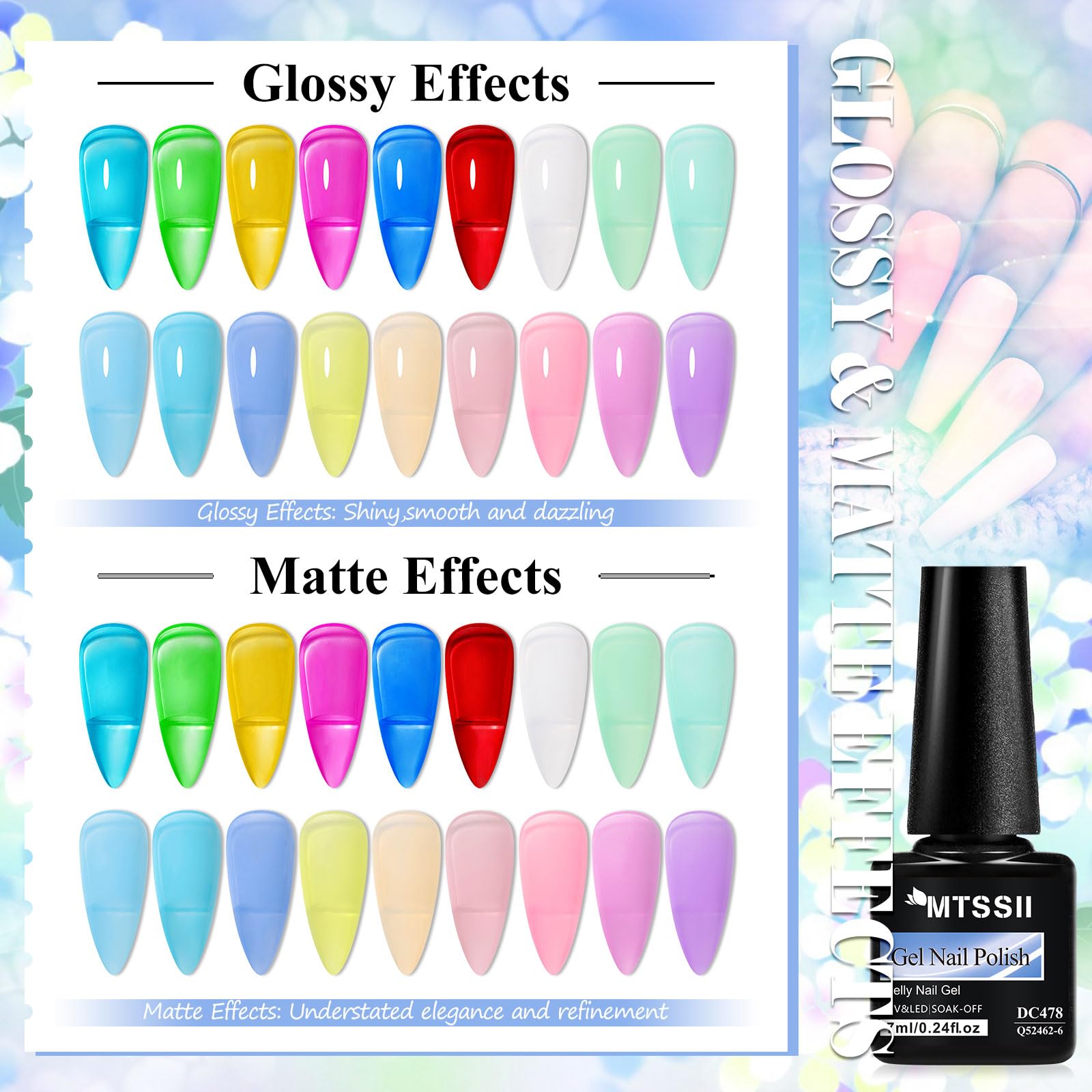 MTSSII 18-Piece Jelly Gel Nail Polish Kit | Translucent Nude, Pink, Purple & Blue Colors – UV LED Soak Off