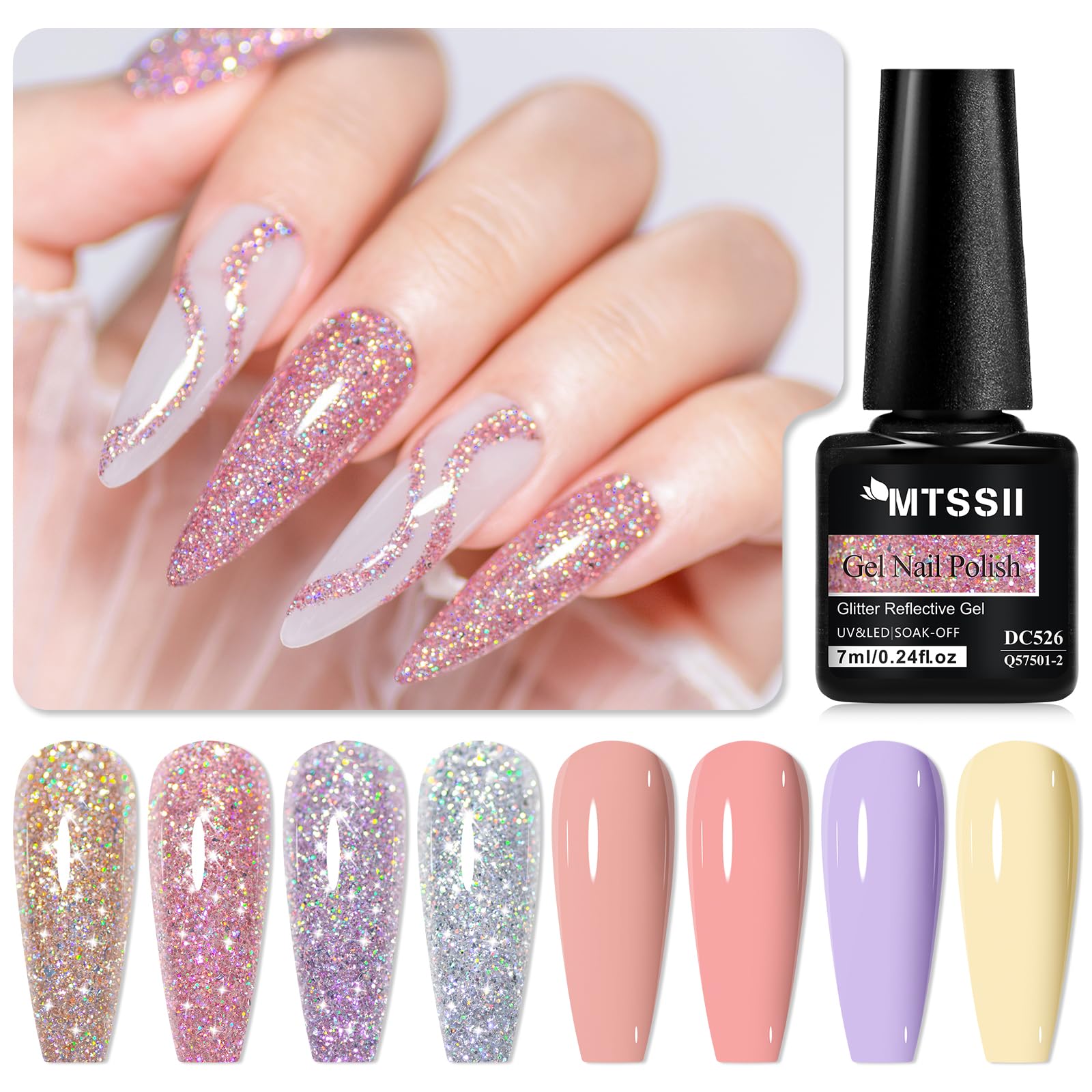 MTSSII Reflective Glitter Gel Nail Polish Set — 8 Colors + Base/Top Coat Kit for Home Manicures