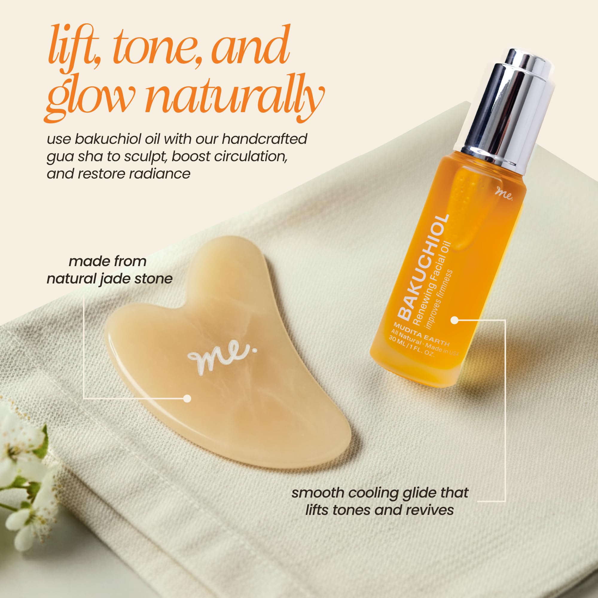 Mudita Earth Face Sculpt Set: Bakuchiol Oil & Gua Sha Kit for Glow & Gentle Contouring