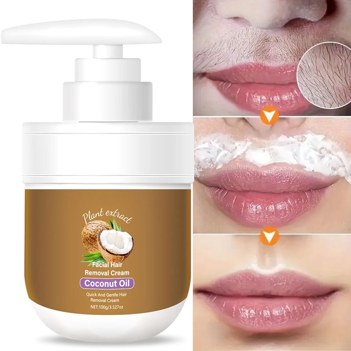 MULPG Facial Hair Removal Cream with Coconut Oil – Gentle, Non-Irritating Facial Hair Removal for Women (3.52 fl oz)