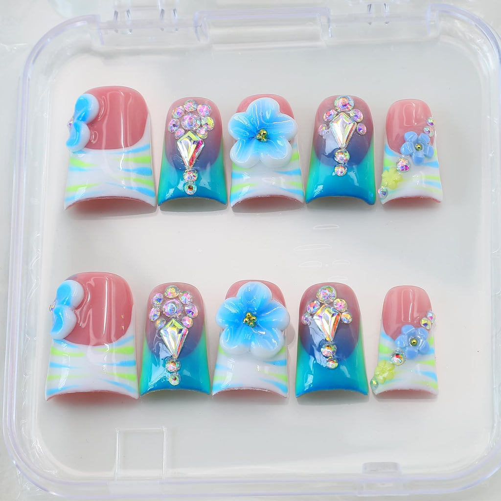 10Pcs Blue Flower Press On Nails - Handmade Short Duck Design with 3D Rhinestones