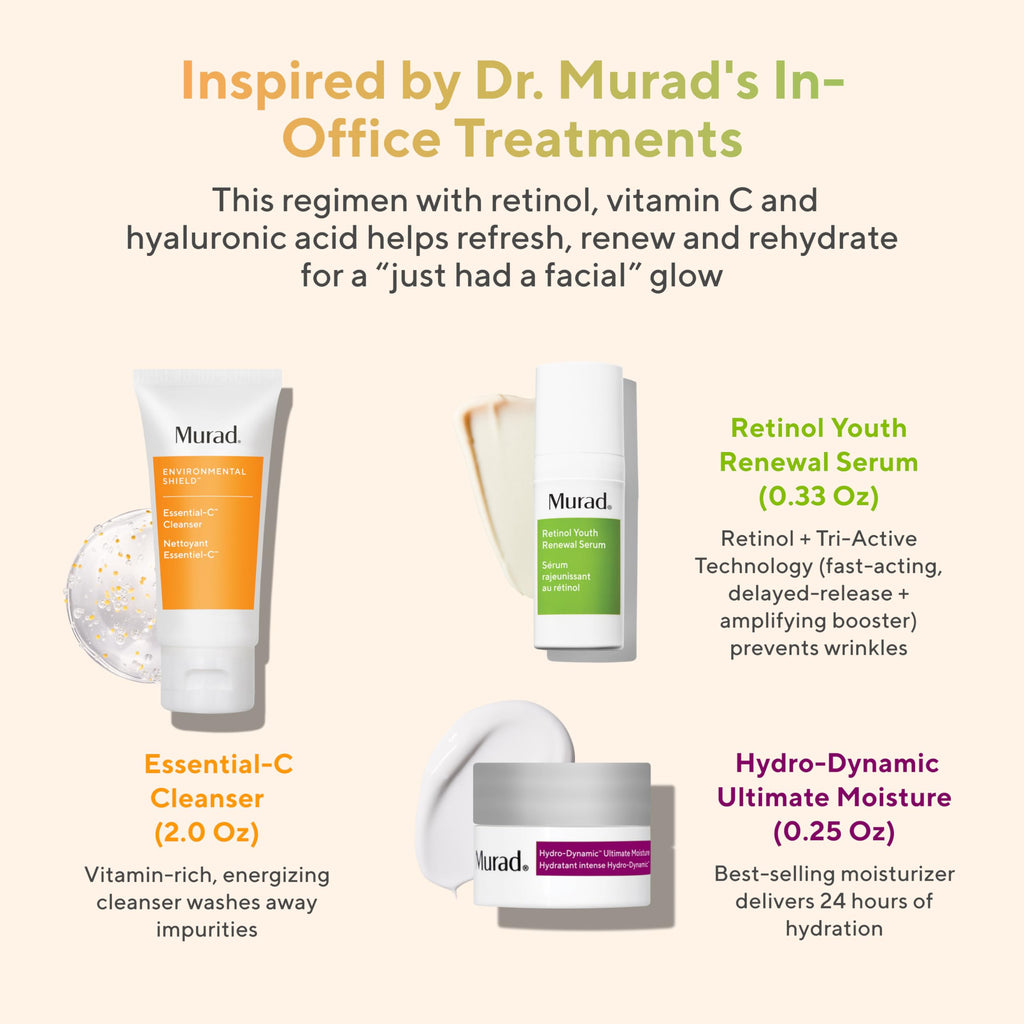 Murad Top 3 Derm-Recommended Actives Trial Kit – Ess-C Cleanser, Retinol Serum, Hydro Dynamic Moisturizer