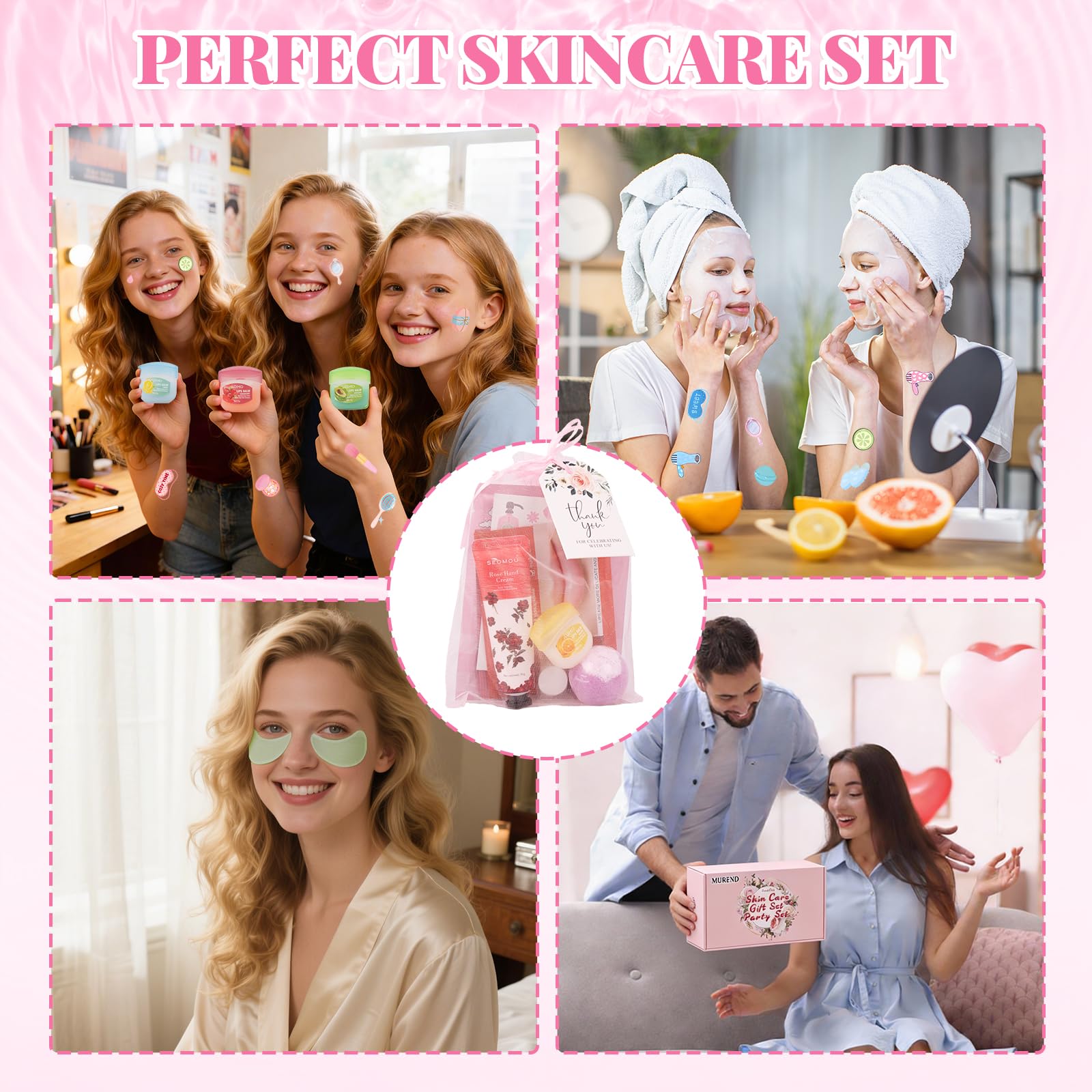 MUREND 90PCS Spa Party Supplies for Girls – Sleepover Skincare Set with Tattoos, Masks, Foot Bath Bombs & More