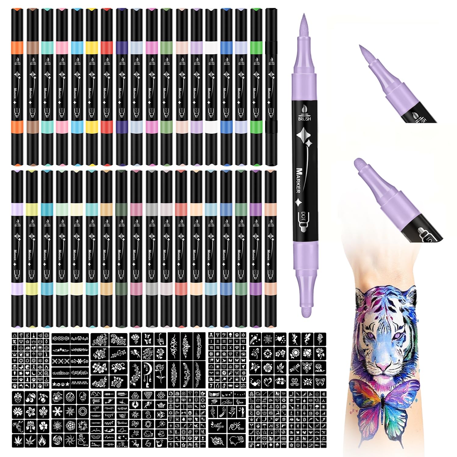 MUREND Temporary Tattoos Markers Kit – 36 Colors, 612 Stencils, Skin-Safe Dual-End Pens