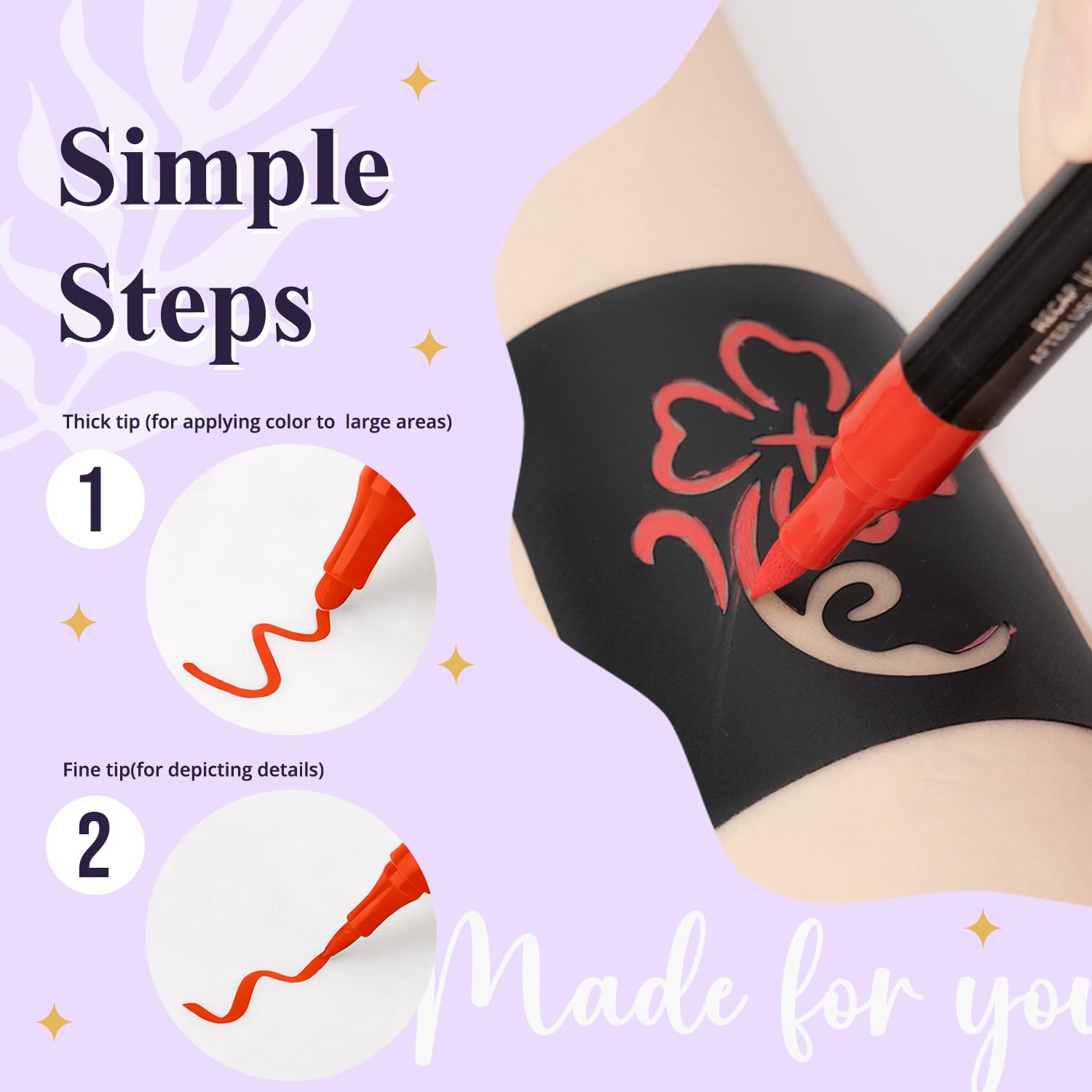 MUREND Temporary Tattoos Markers Kit – 36 Colors, 612 Stencils, Skin-Safe Dual-End Pens