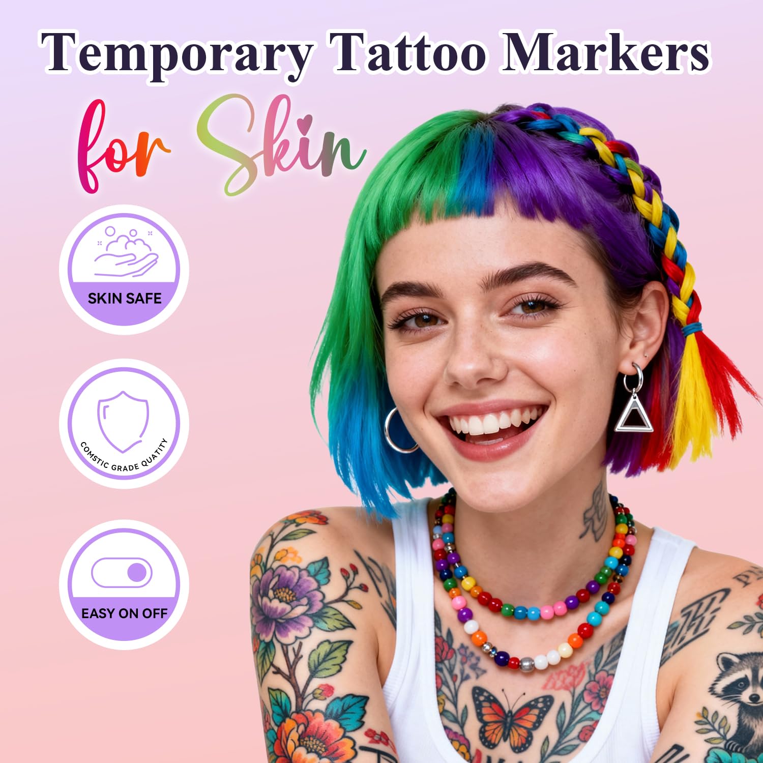 MUREND Temporary Tattoos Markers Kit – 36 Colors, 612 Stencils, Skin-Safe Dual-End Pens