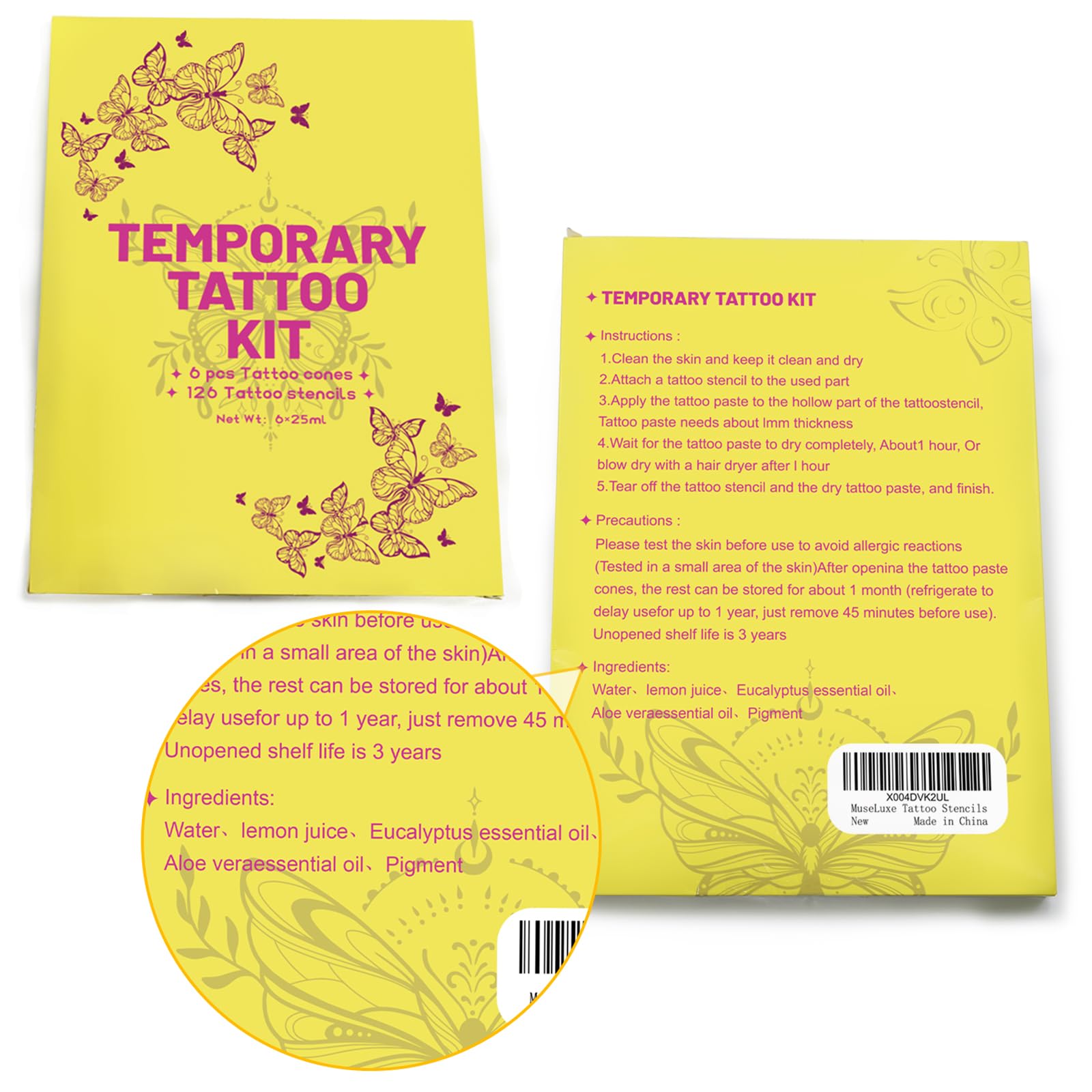 MuseLuxe 126‑Piece Temporary Tattoos Kit | 2-Color Ink, Gloves & DIY Body Art