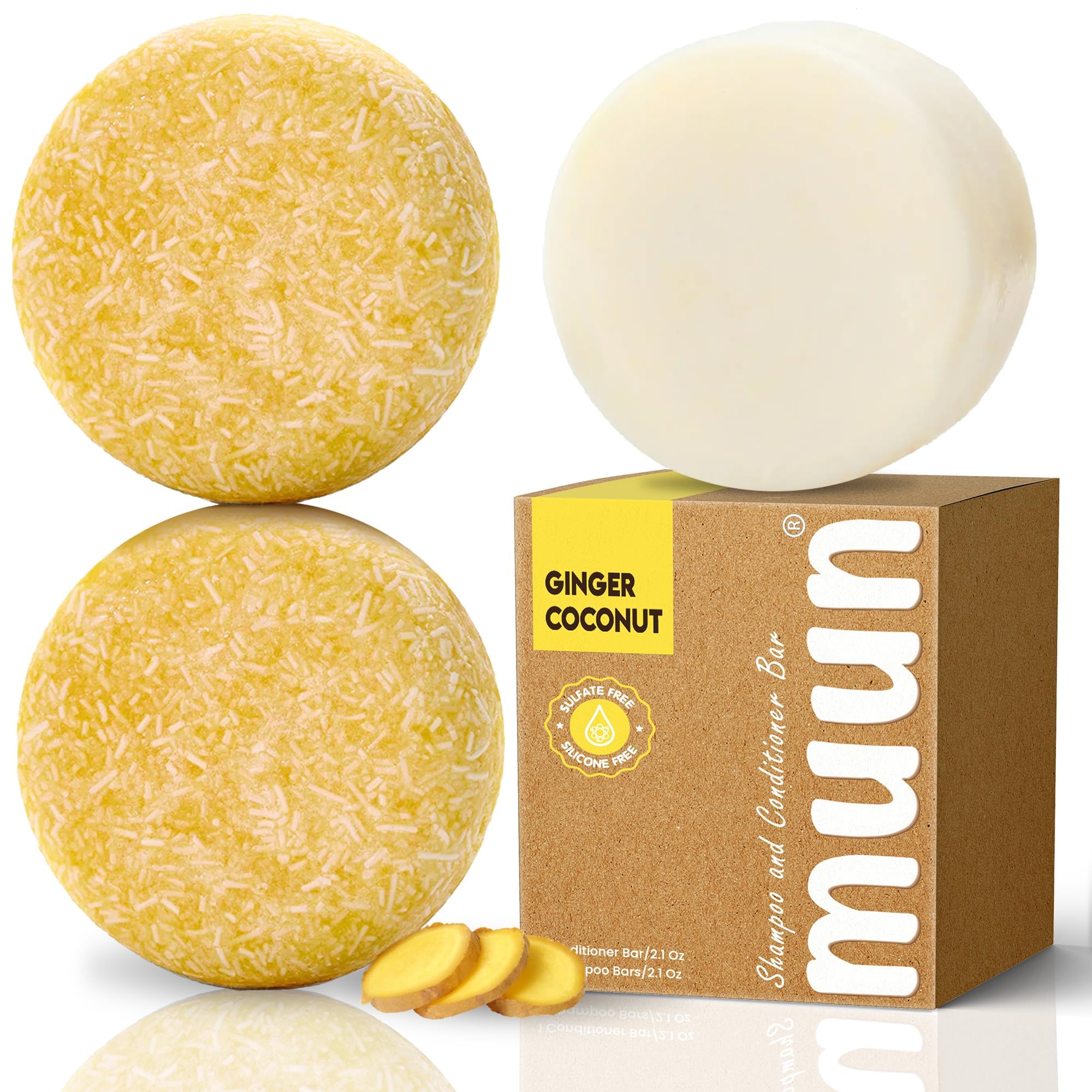 Muun Ginger Shampoo Bar Pack 3 – pH-Balanced, Sulfate-Free, Travel-Ready for Hair Growth & Strength