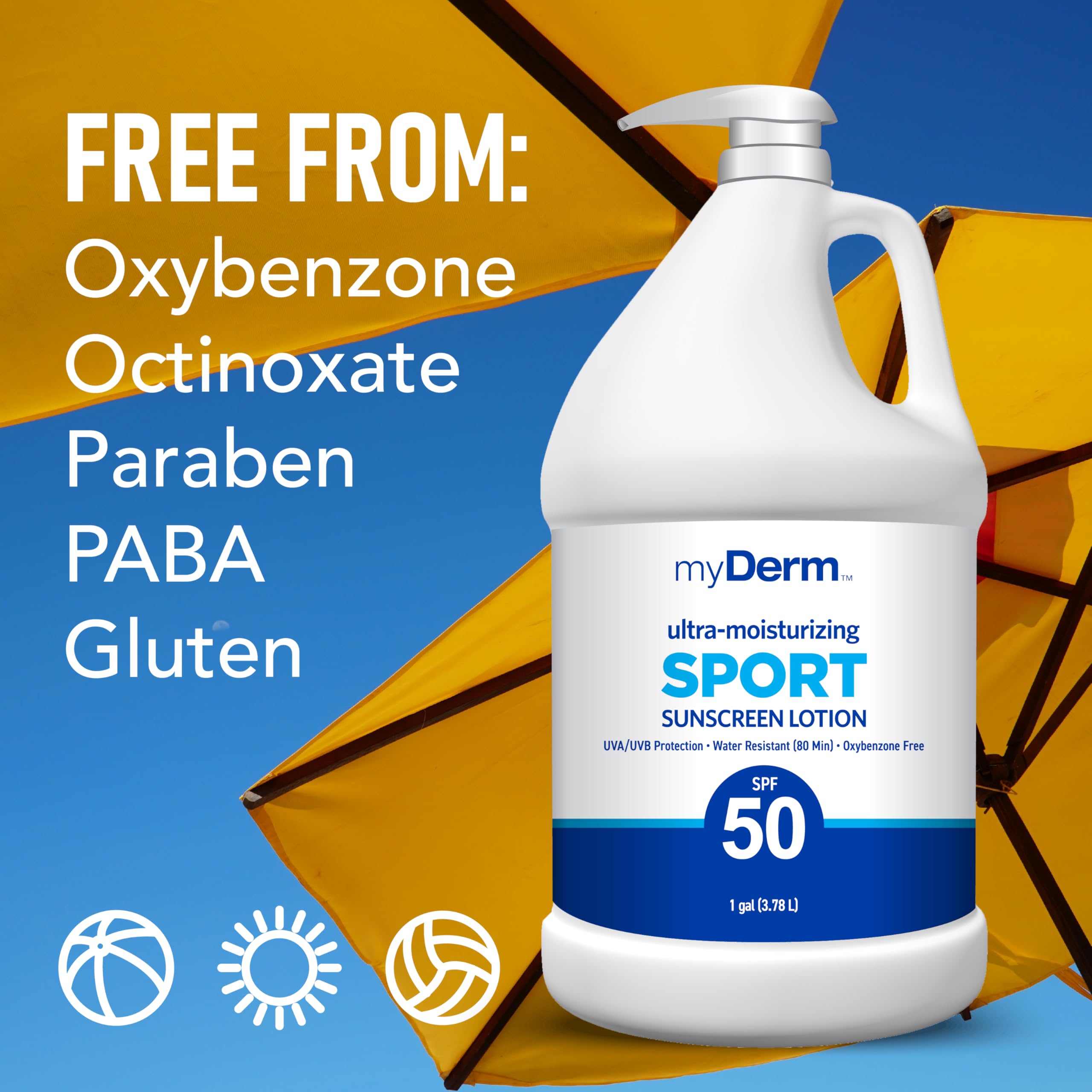MyDerm SPF 50 Sport Sunscreen Lotion – 1 Gallon Bulk, Reef-Safe, Paraben-Free