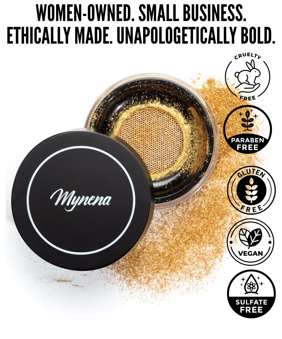 Mynena Golden Face Highlighter & Body Shimmer Powder | Buildable Ultra-Fine Gold Glow for Face & Body