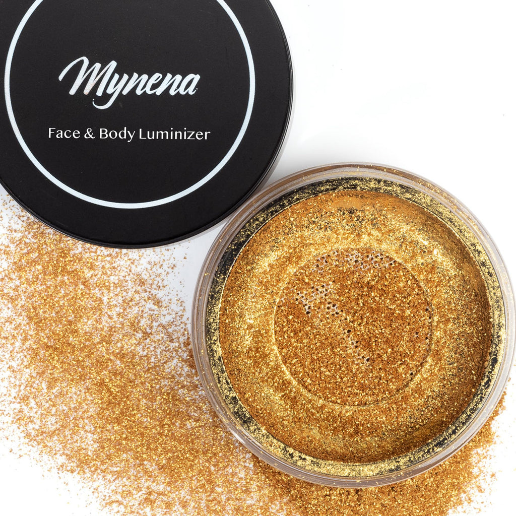 Mynena Golden Face Highlighter & Body Shimmer Powder | Buildable Ultra-Fine Gold Glow for Face & Body