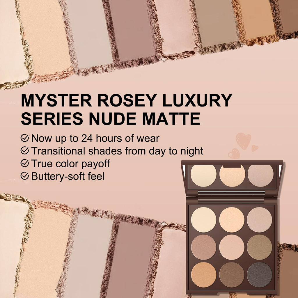 MYSTER ROSEY Neutral Eyeshadow Palette – 9 Matte Nude Shades, 12H Wear, Vegan & Cruelty-Free, Mirror Included – 0.5oz